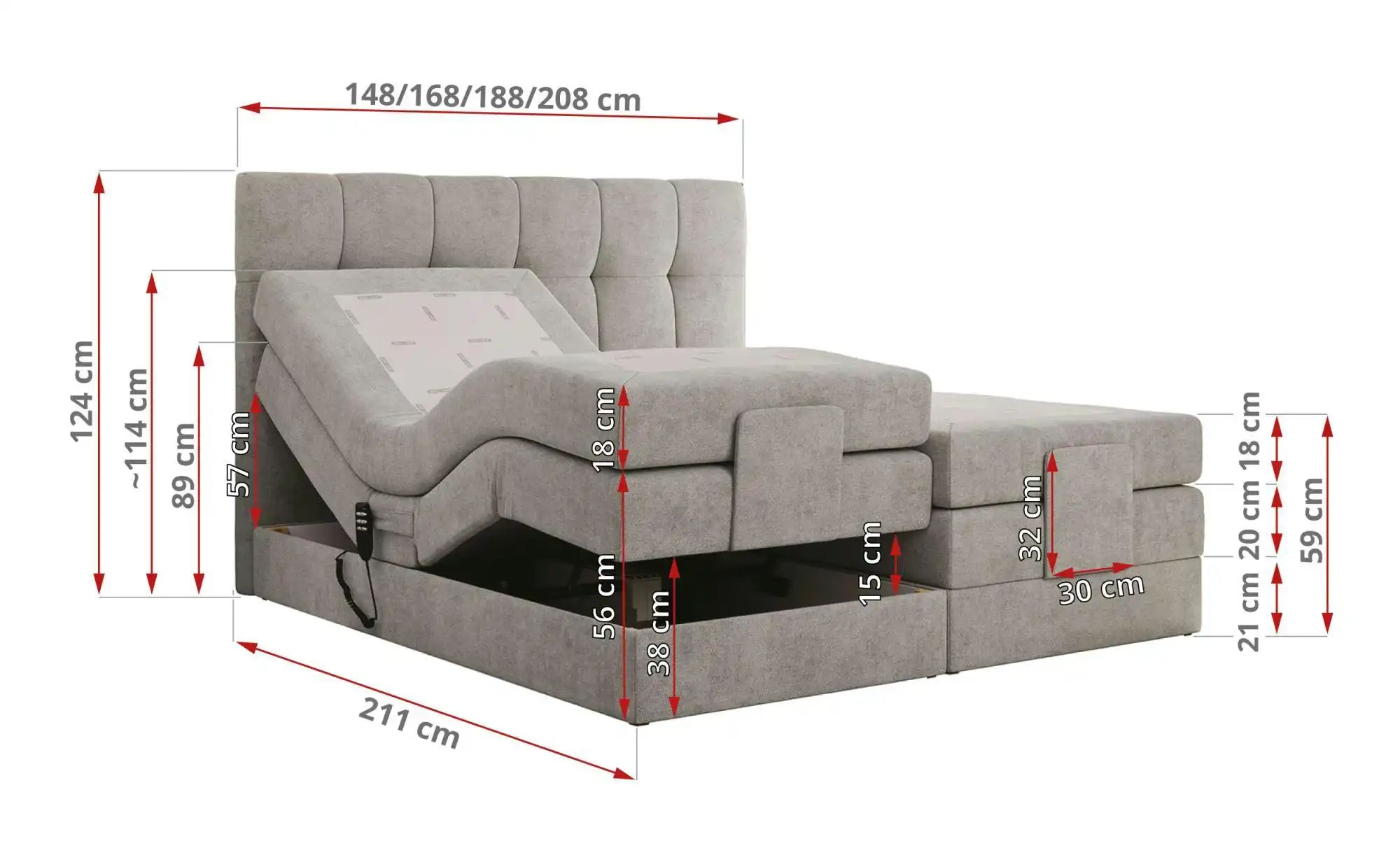 Motor Boxspringbett mit Bettkasten Vittoria ¦ grau ¦ Maße (cm): B: 188 H: 1 günstig online kaufen