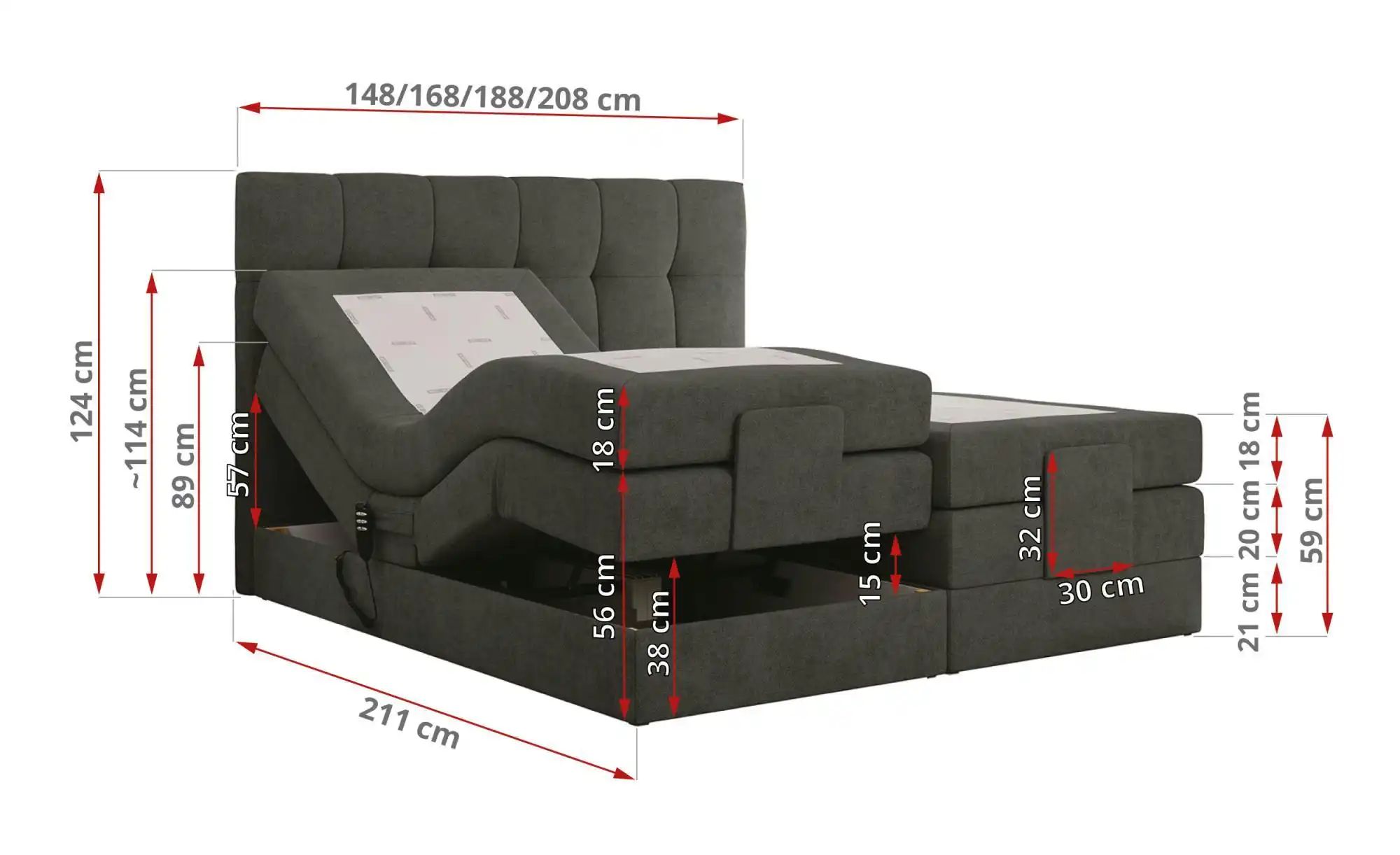 Motor Boxspringbett mit Bettkasten Vittoria ¦ grau ¦ Maße (cm): B: 148 H: 1 günstig online kaufen