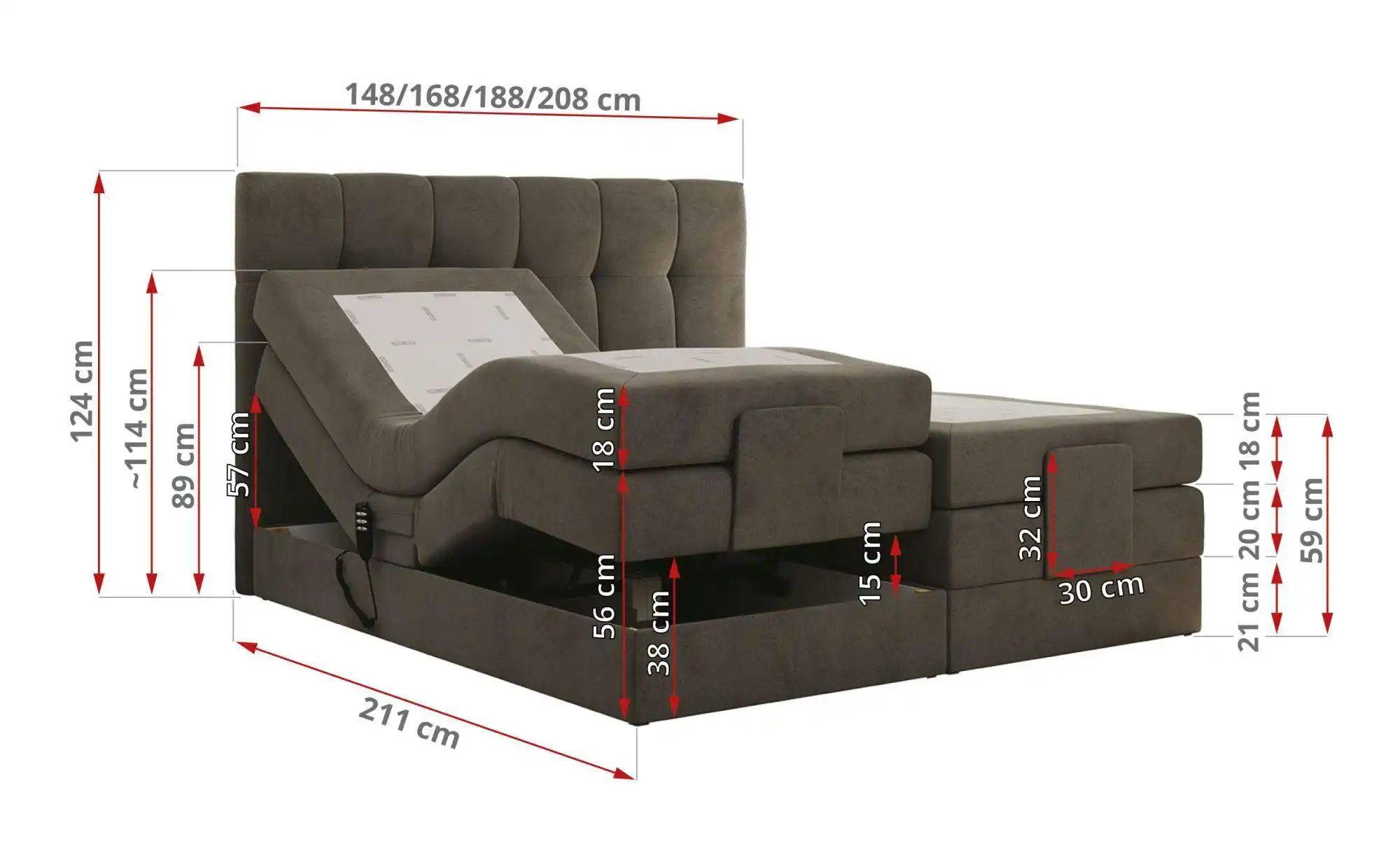 Motor Boxspringbett mit Bettkasten Vittoria ¦ grau ¦ Maße (cm): B: 148 H: 1 günstig online kaufen