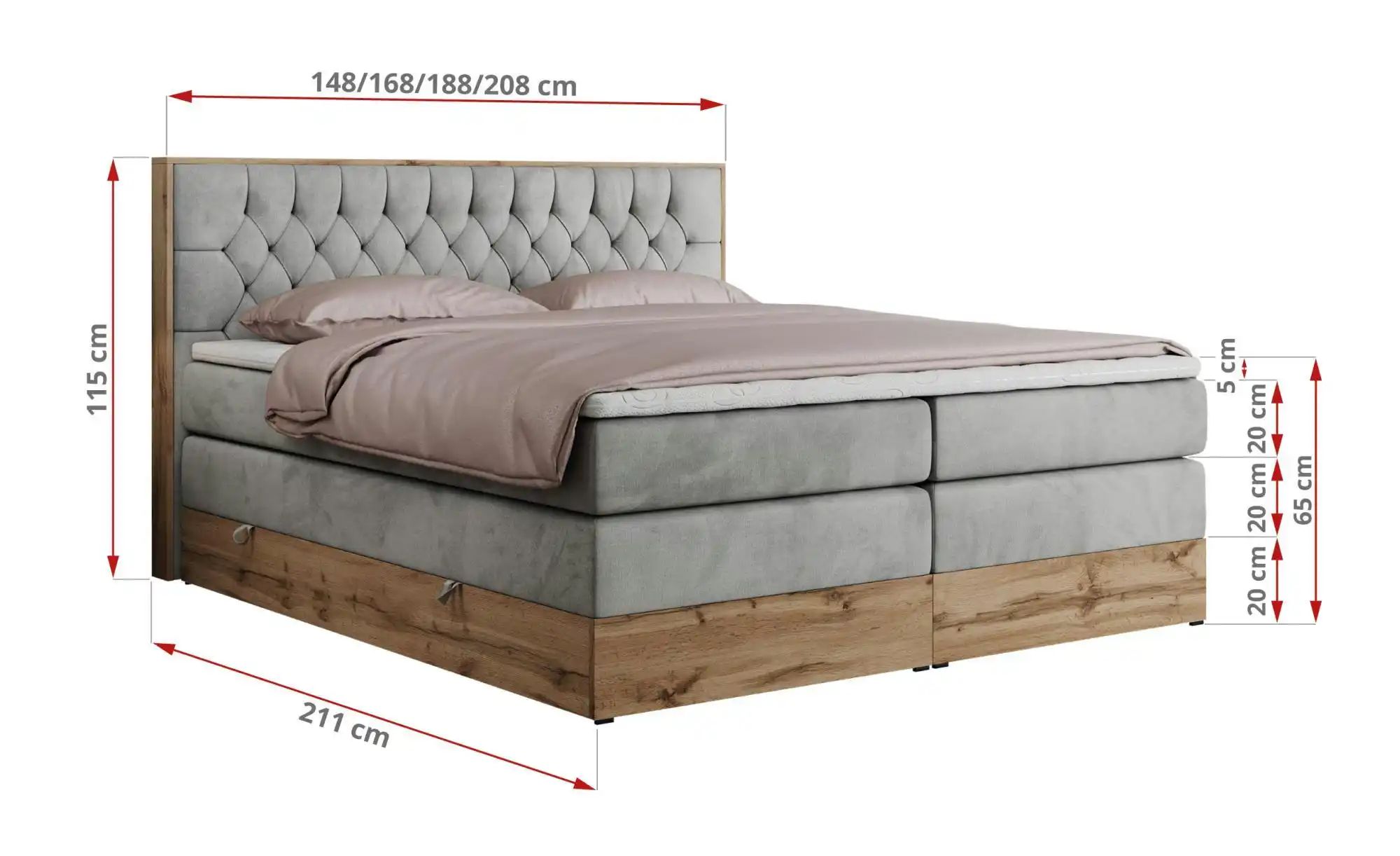 Boxspringbett mit Bettkasten Amore King ¦ grau ¦ Maße (cm): B: 148 H: 115 B günstig online kaufen