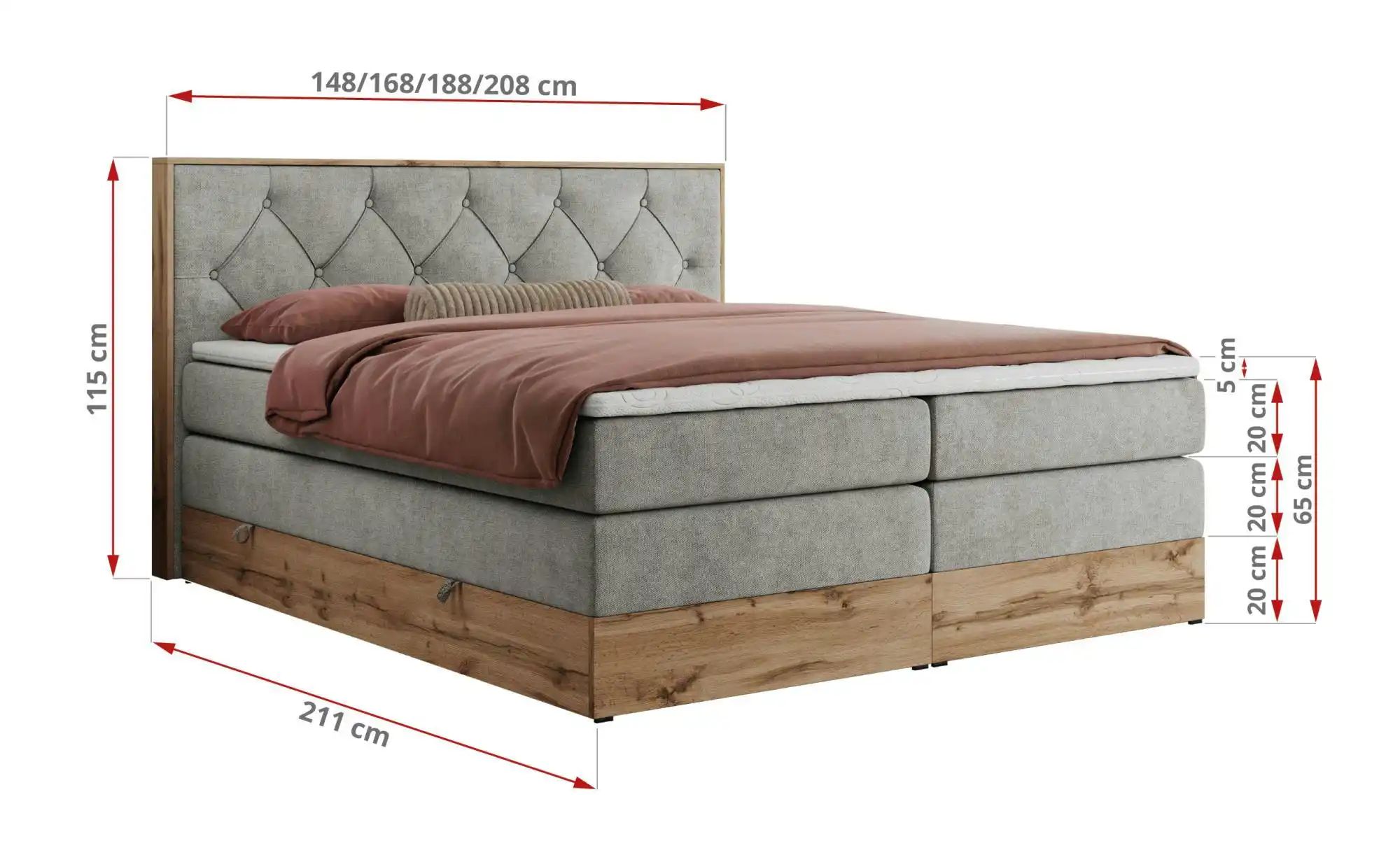 Boxspringbett mit Bettkasten Veneto King ¦ grau ¦ Maße (cm): B: 208 H: 115 günstig online kaufen