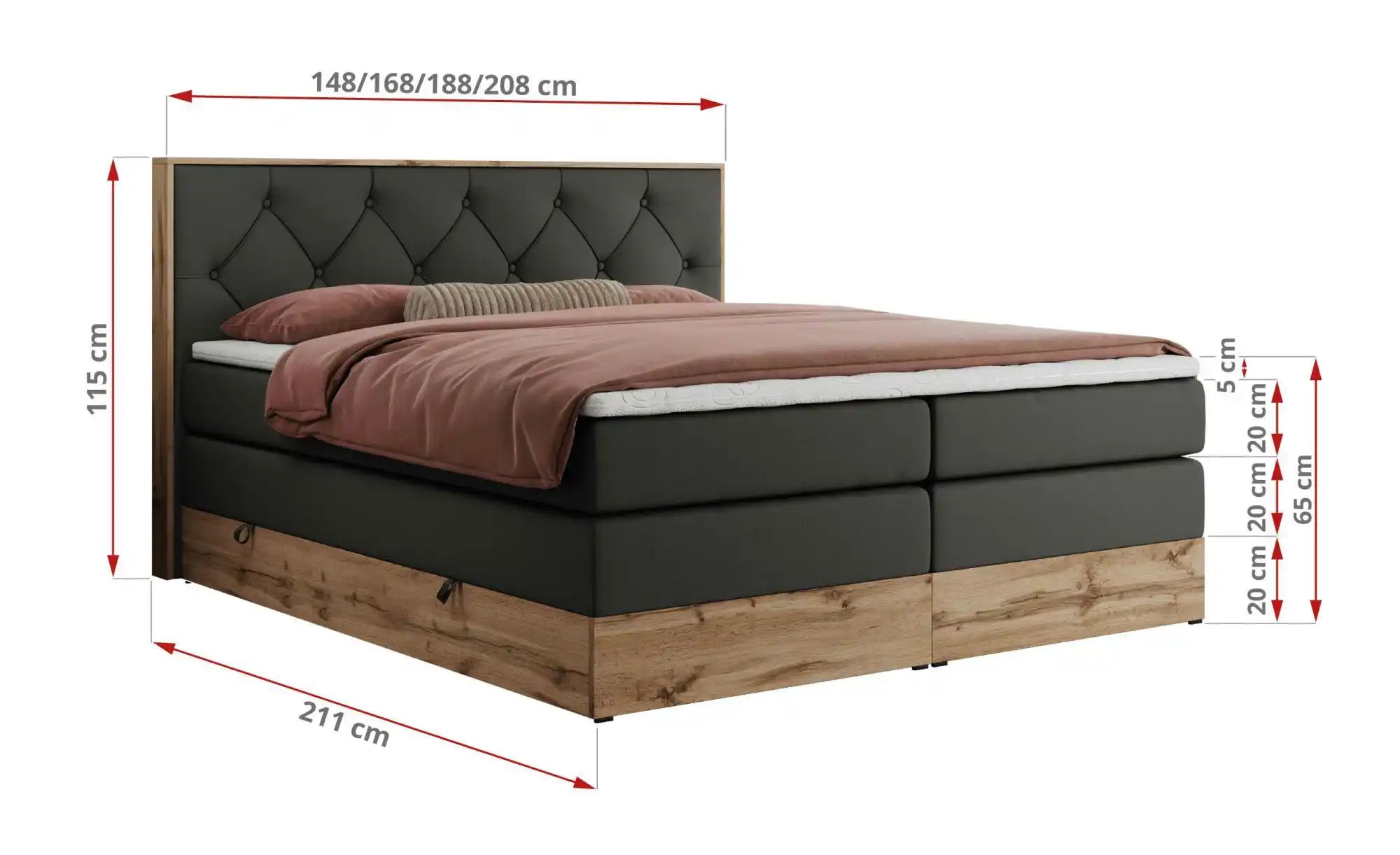 Boxspringbett mit Bettkasten Veneto King ¦ grau ¦ Maße (cm): B: 208 H: 115 günstig online kaufen