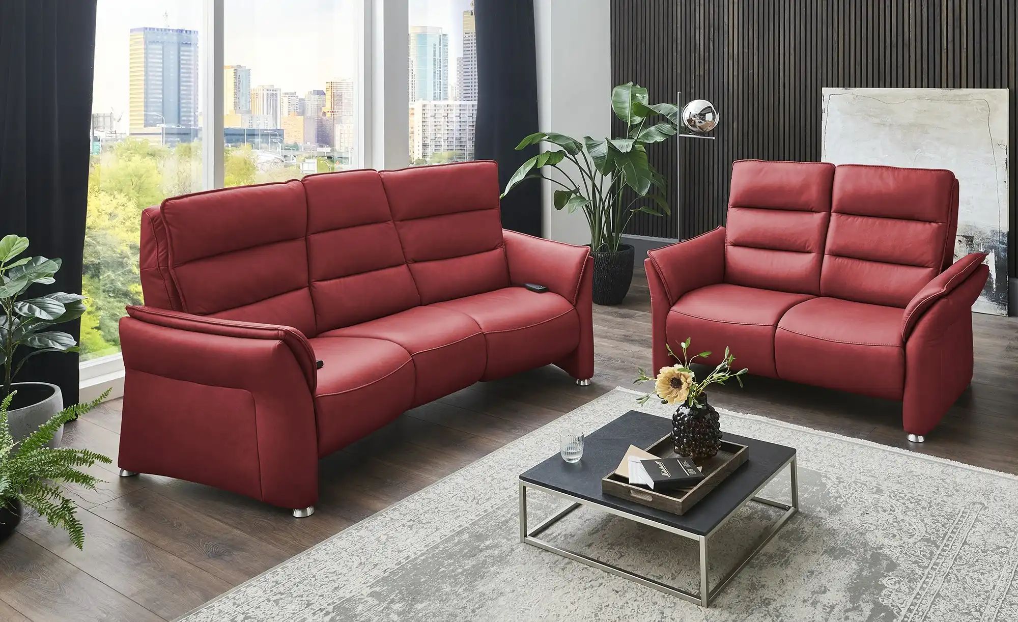 Hukla Trapezsofa Echtleder Corina ¦ rot ¦ Maße (cm): B: 202 H: 112 T: 120 P günstig online kaufen