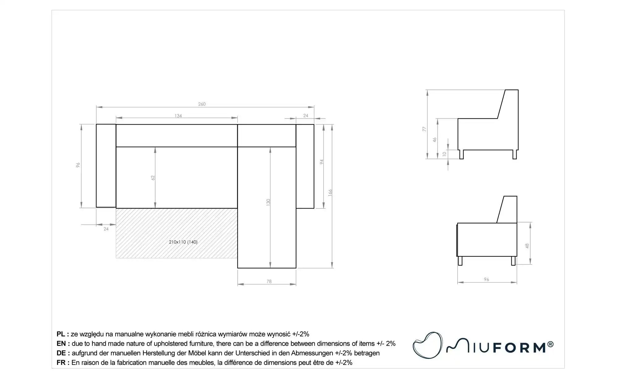 Miuform Ecksofa beidseitig montierbar   ¦ schwarz ¦ Maße (cm): B: 260 H: 77 günstig online kaufen