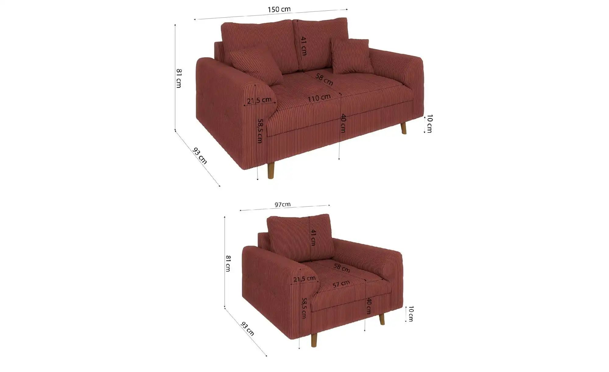 Polstergarnitur 2+1  Maya ¦ rot ¦ Maße (cm): B: 150 H: 81 Polstermöbel > So günstig online kaufen