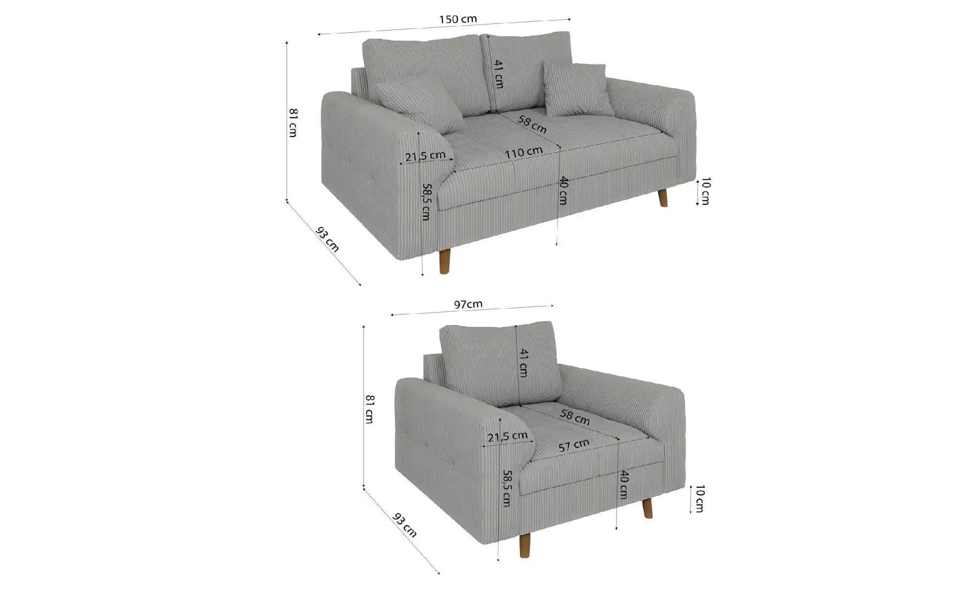 Polstergarnitur 2+1  Maya ¦ grau ¦ Maße (cm): B: 150 H: 81 Polstermöbel > S günstig online kaufen