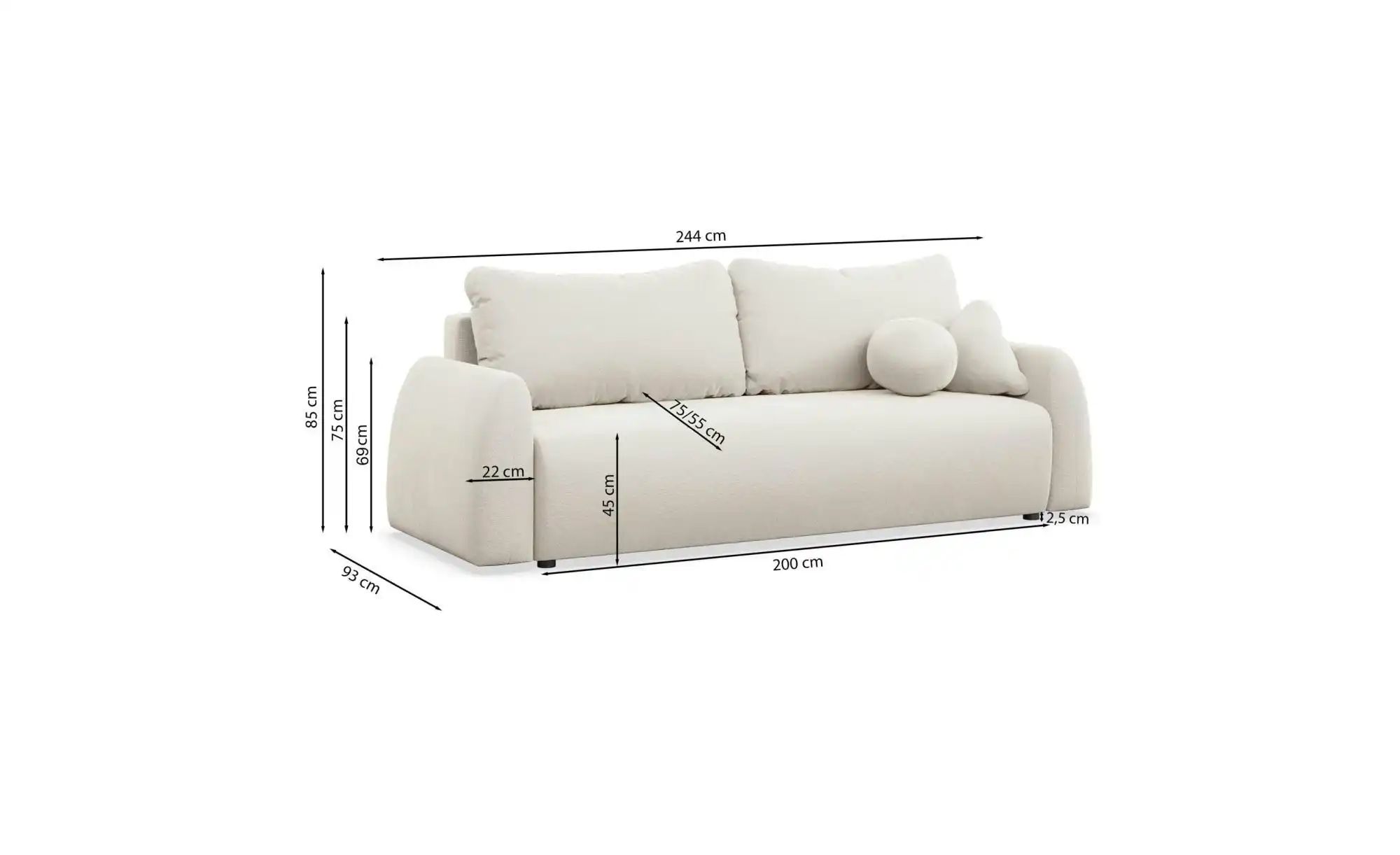 Thumbnail - Selsey Schlafsofa Nubelle   ¦ creme ¦ Maße (cm): B: 244 H: 85 Polstermöbel > Sofas > 3-Sitzer - Höffner