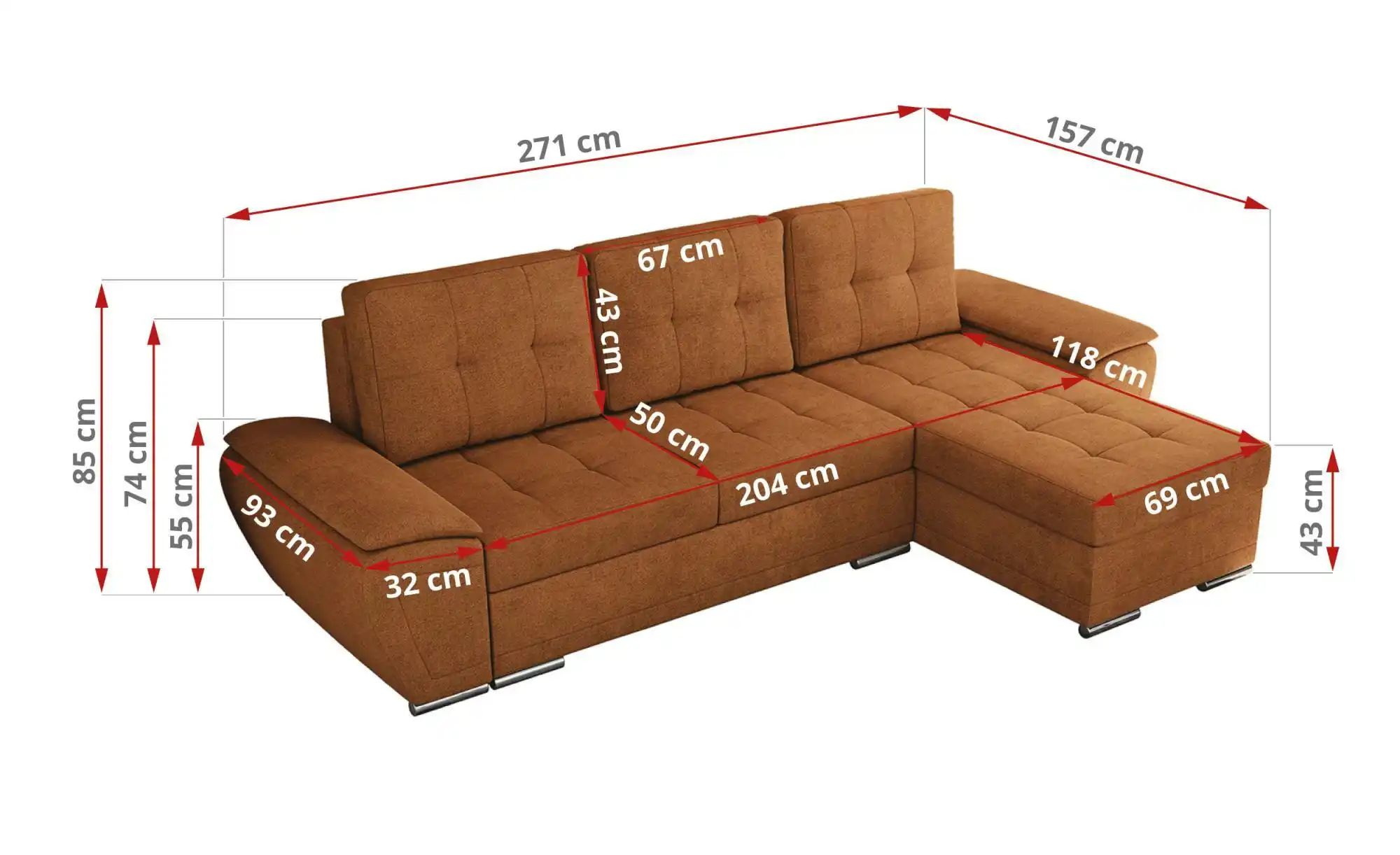 Thumbnail - Ecksofa mit Schlaffunktion Umbria ¦ orange ¦ Maße (cm): B: 271 H: 85 Polstermöbel > Sofas > Ecksofas - Höffner