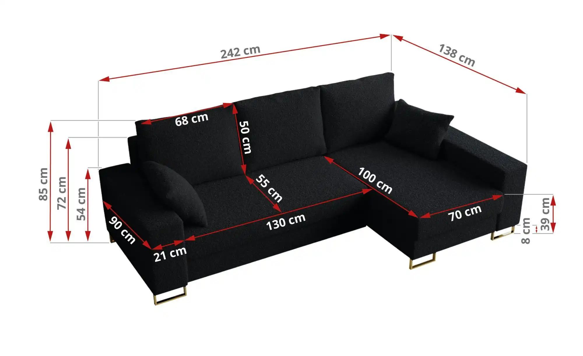 Thumbnail - Ecksofa mit Schlaffunktion Dorain ¦ schwarz ¦ Maße (cm): B: 242 H: 85 Polstermöbel > Sofas > 3-Sitzer - Höffner
