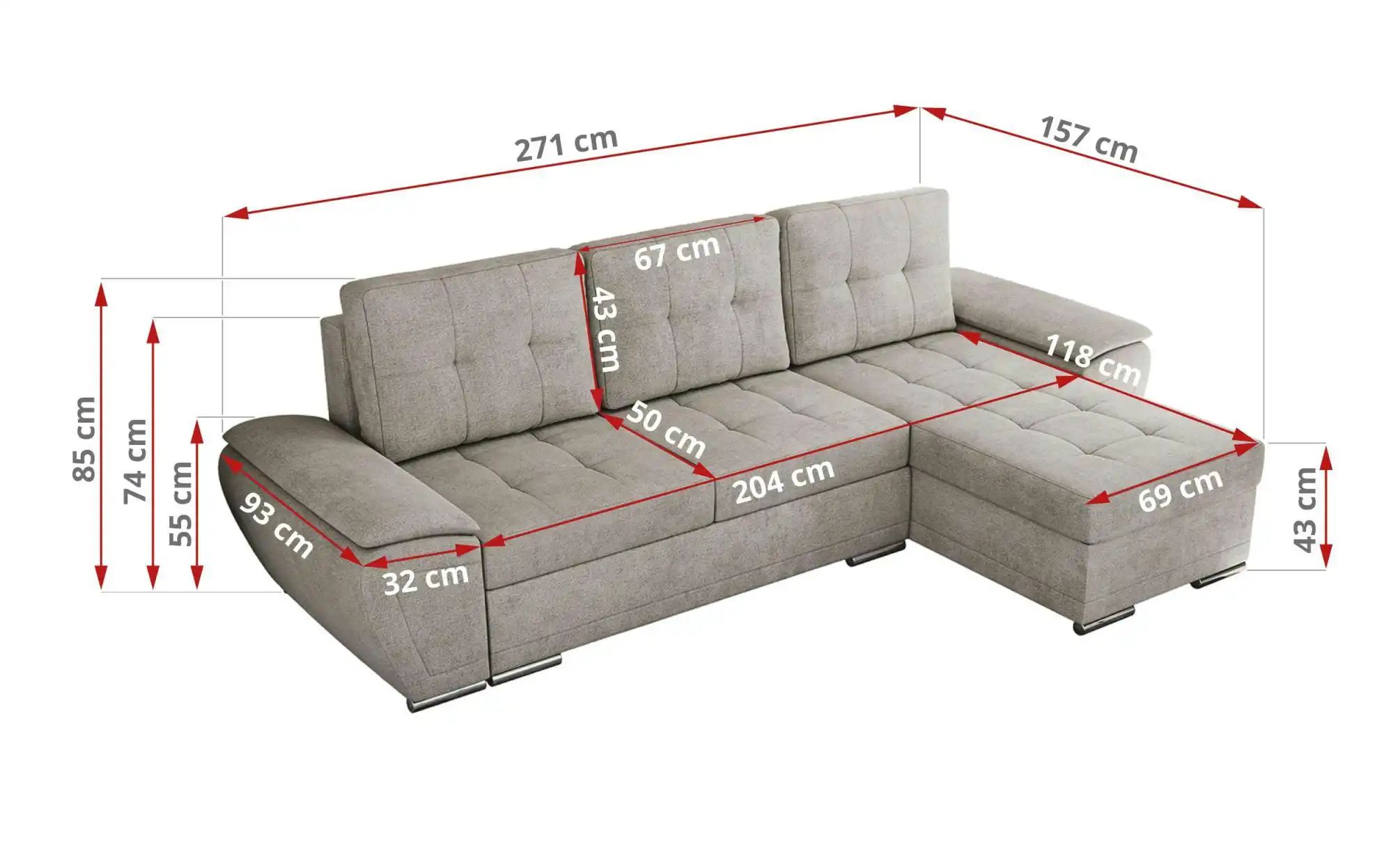 Thumbnail - Ecksofa mit Schlaffunktion Umbria ¦ grau ¦ Maße (cm): B: 271 H: 85 Polstermöbel > Sofas > Ecksofas - Höffner