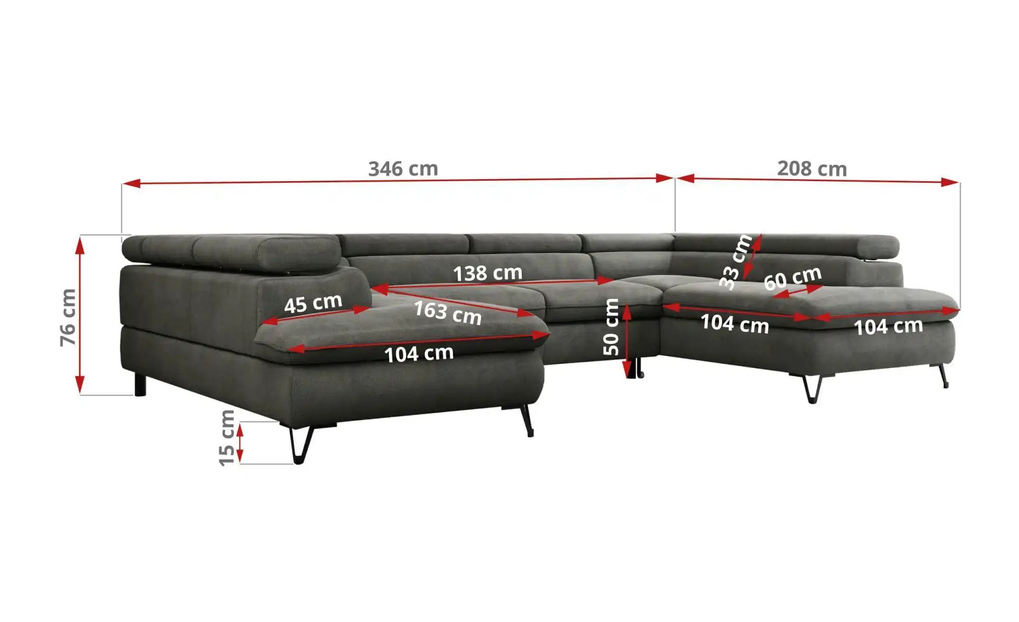 Thumbnail - Wohnlandschaft  Peter ¦ grau ¦ Maße (cm): B: 346 H: 76 Polstermöbel > Sofas > Schlafsofas - Höffner