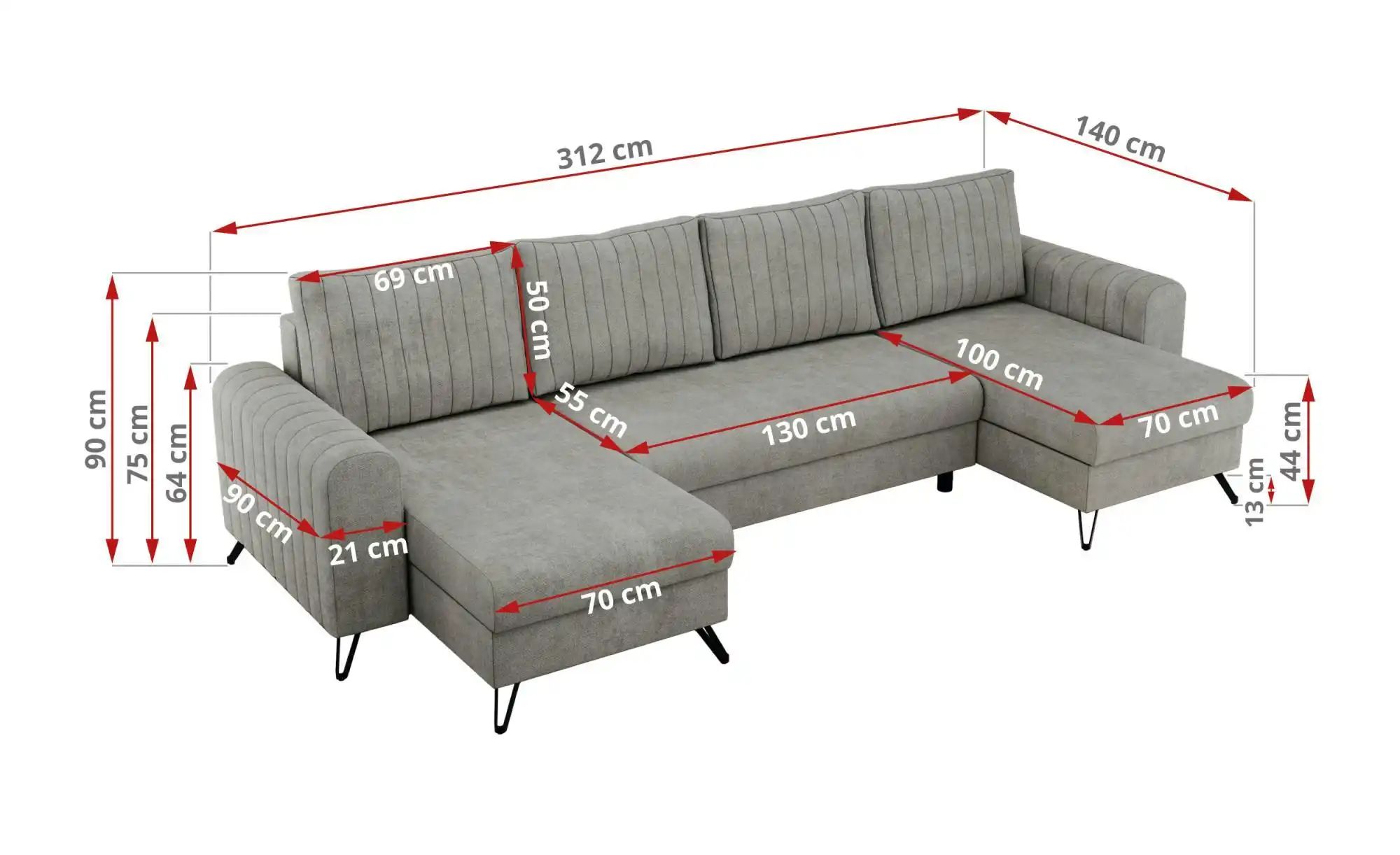 Wohnlandschaft Hellgrau   ¦ silber ¦ Maße (cm): B: 312 H: 90 Polstermöbel > günstig online kaufen