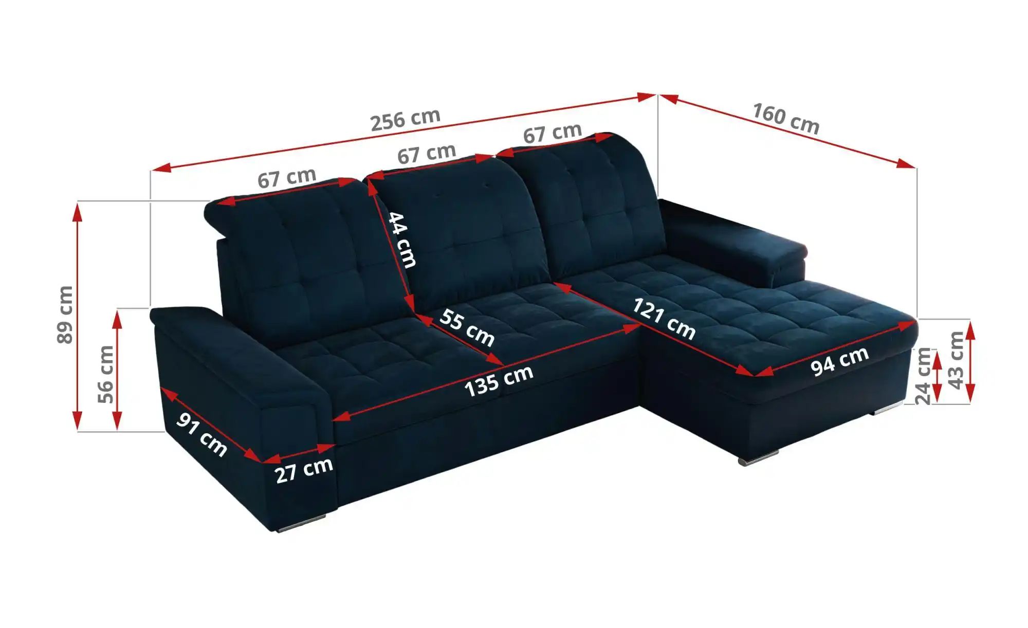 Ecksofa mit Schlaffunktion Madrito ¦ blau ¦ Maße (cm): B: 256 H: 89 Polster günstig online kaufen