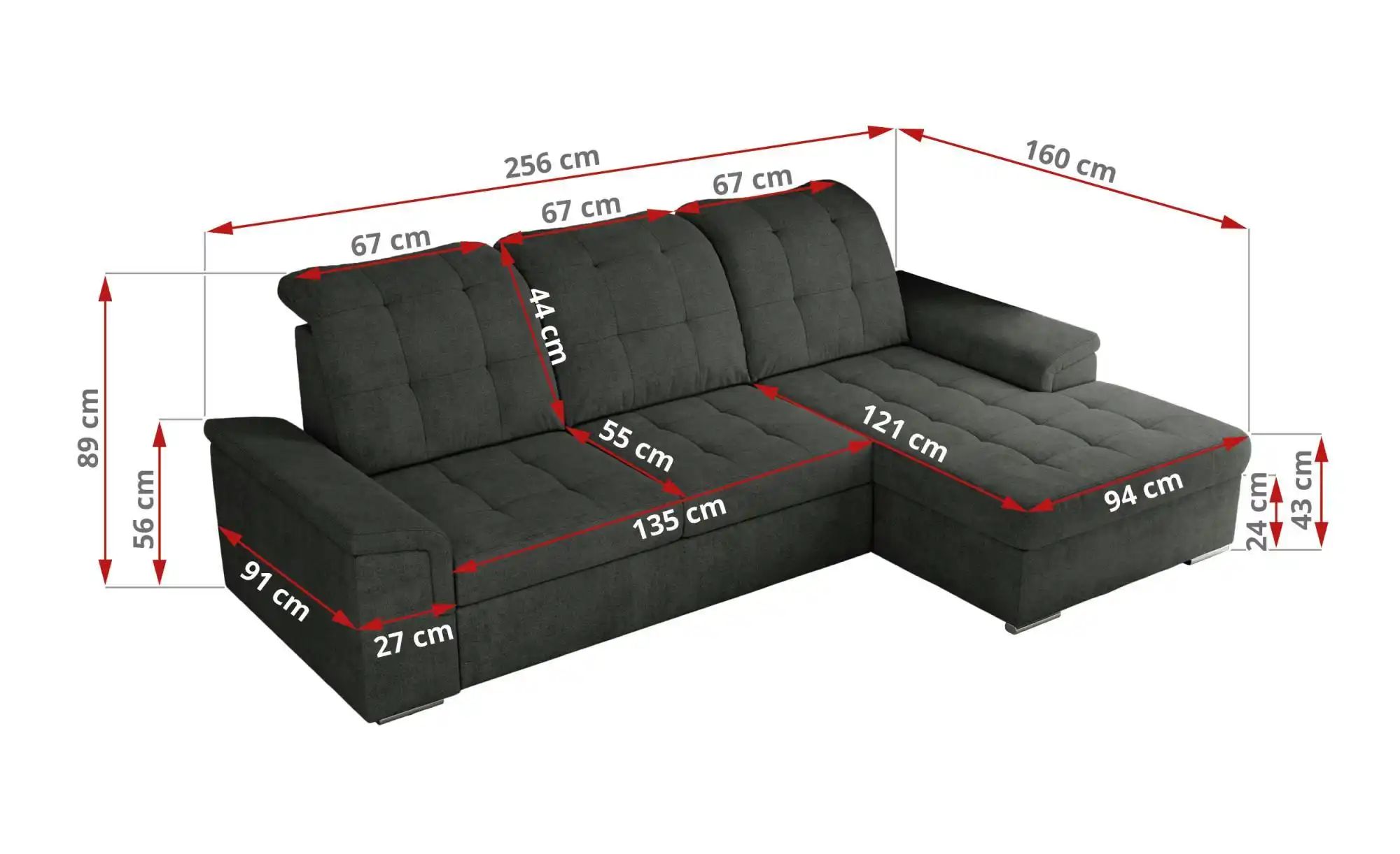 Thumbnail - Ecksofa mit Schlaffunktion Madrito ¦ grau ¦ Maße (cm): B: 256 H: 89 Polstermöbel > Sofas > Ecksofas - Höffner