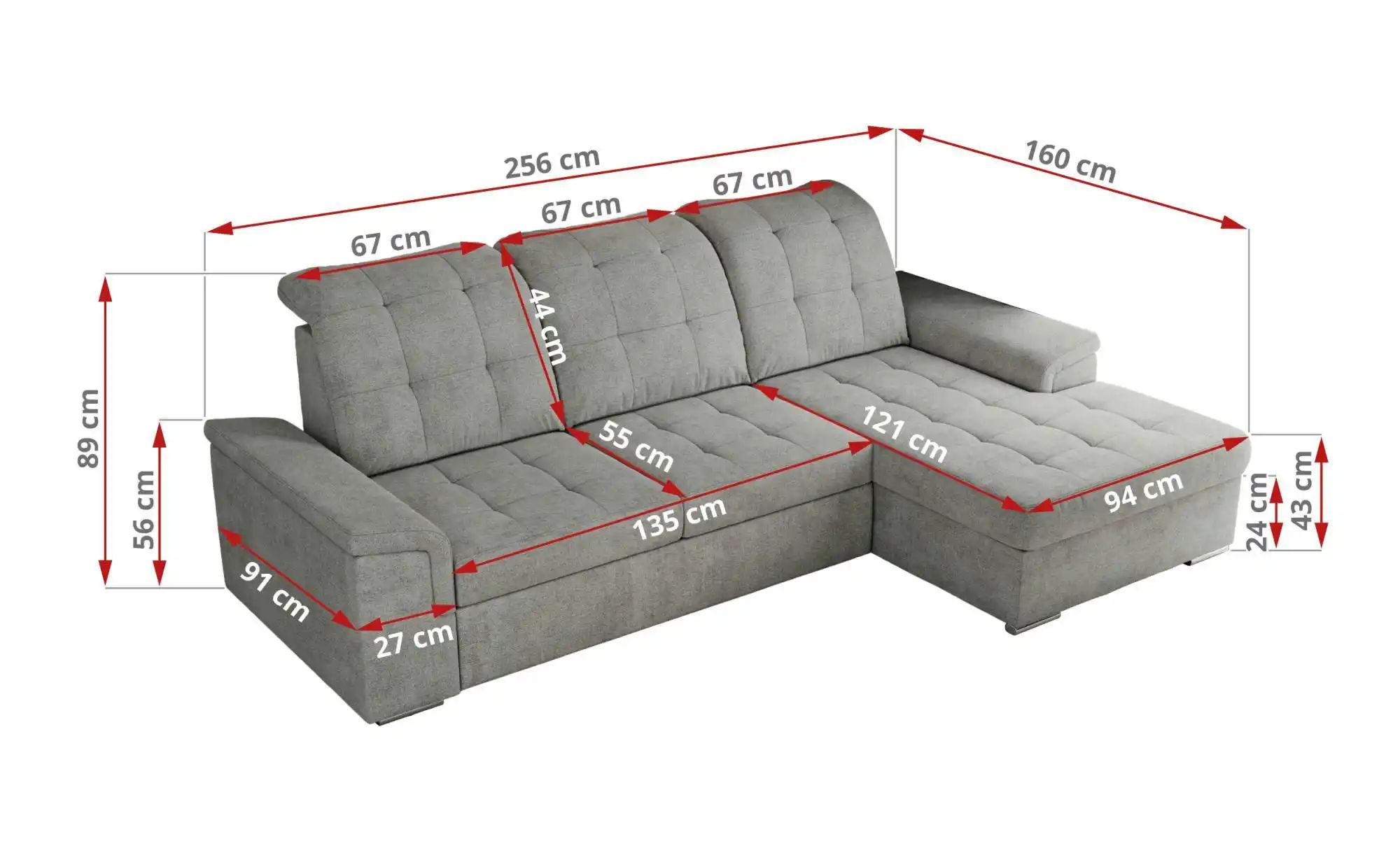 Ecksofa mit Schlaffunktion Madrito ¦ grau ¦ Maße (cm): B: 256 H: 89 Polster günstig online kaufen