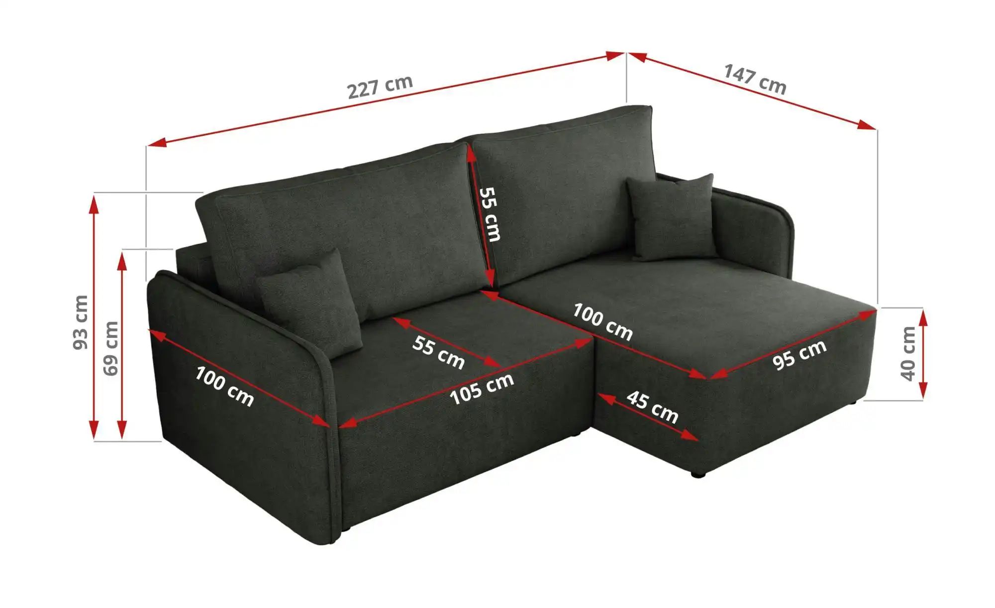 Thumbnail - Ecksofa mit Schlaffunktion Mesto ¦ grau ¦ Maße (cm): B: 227 H: 93 Polstermöbel > Sofas > Ecksofas - Höffner