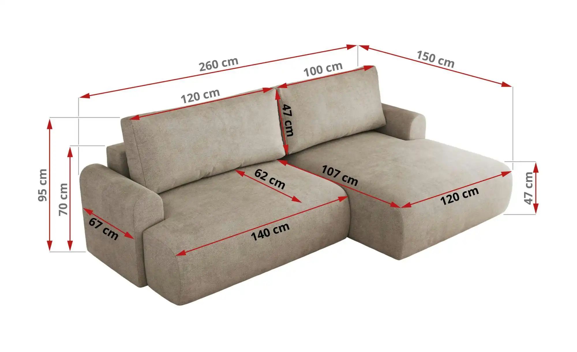 Ecksofa mit Schlaffunktion Tono ¦ beige ¦ Maße (cm): B: 260 H: 95 Polstermö günstig online kaufen