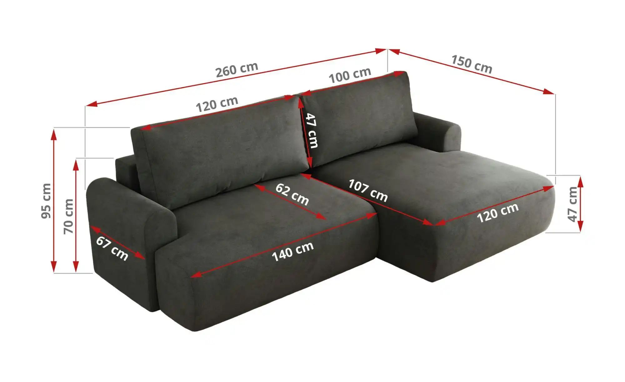 Ecksofa mit Schlaffunktion Tono ¦ grau ¦ Maße (cm): B: 260 H: 95 Polstermöb günstig online kaufen