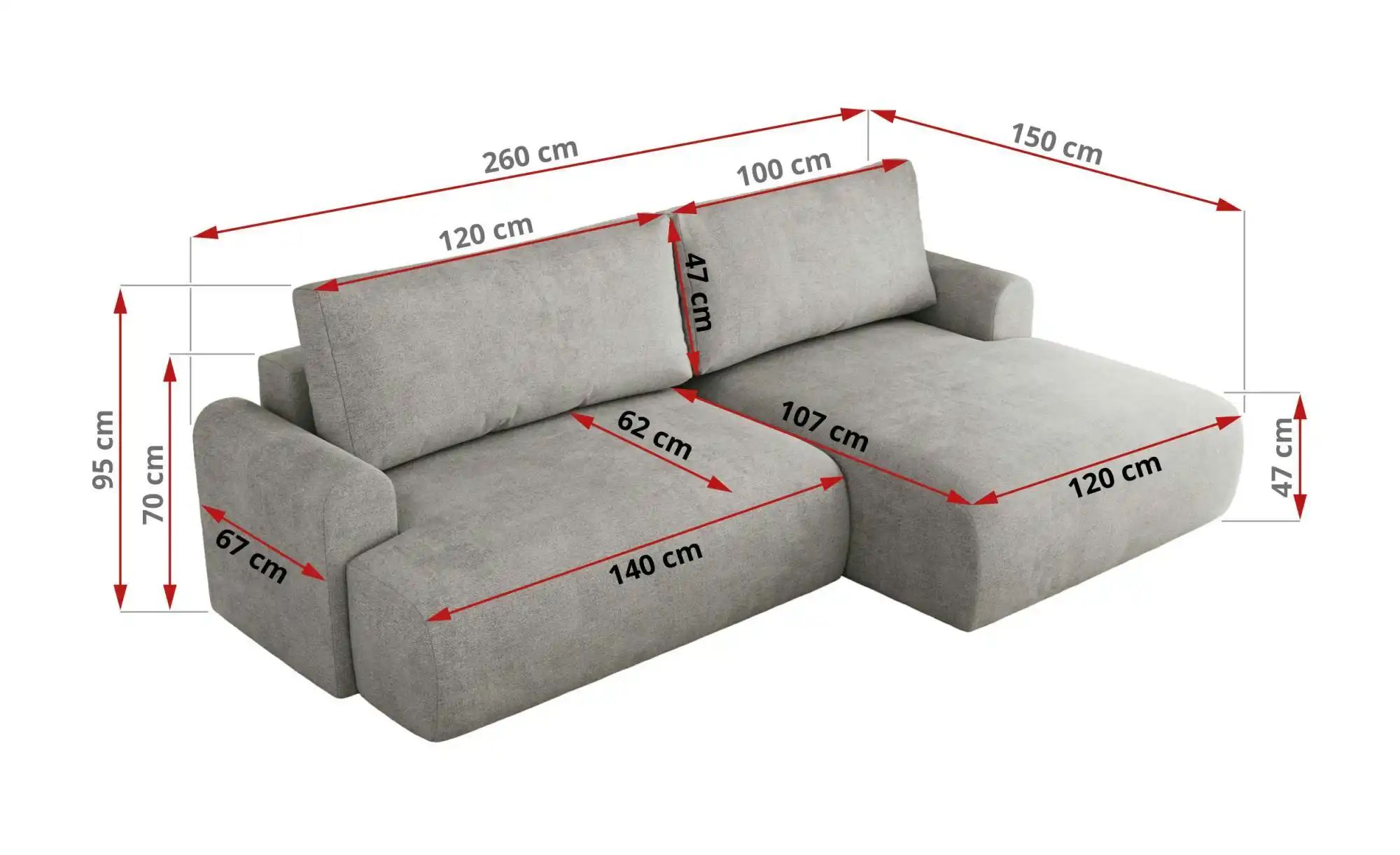 Ecksofa mit Schlaffunktion Tono ¦ grau ¦ Maße (cm): B: 260 H: 95 Polstermöb günstig online kaufen