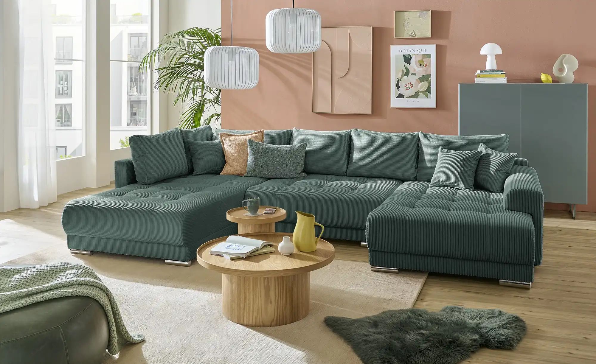 Wohnlandschaft mit Schlaffunktion Lemie ¦ grün ¦ Maße (cm): B: 356 H: 85 T: günstig online kaufen