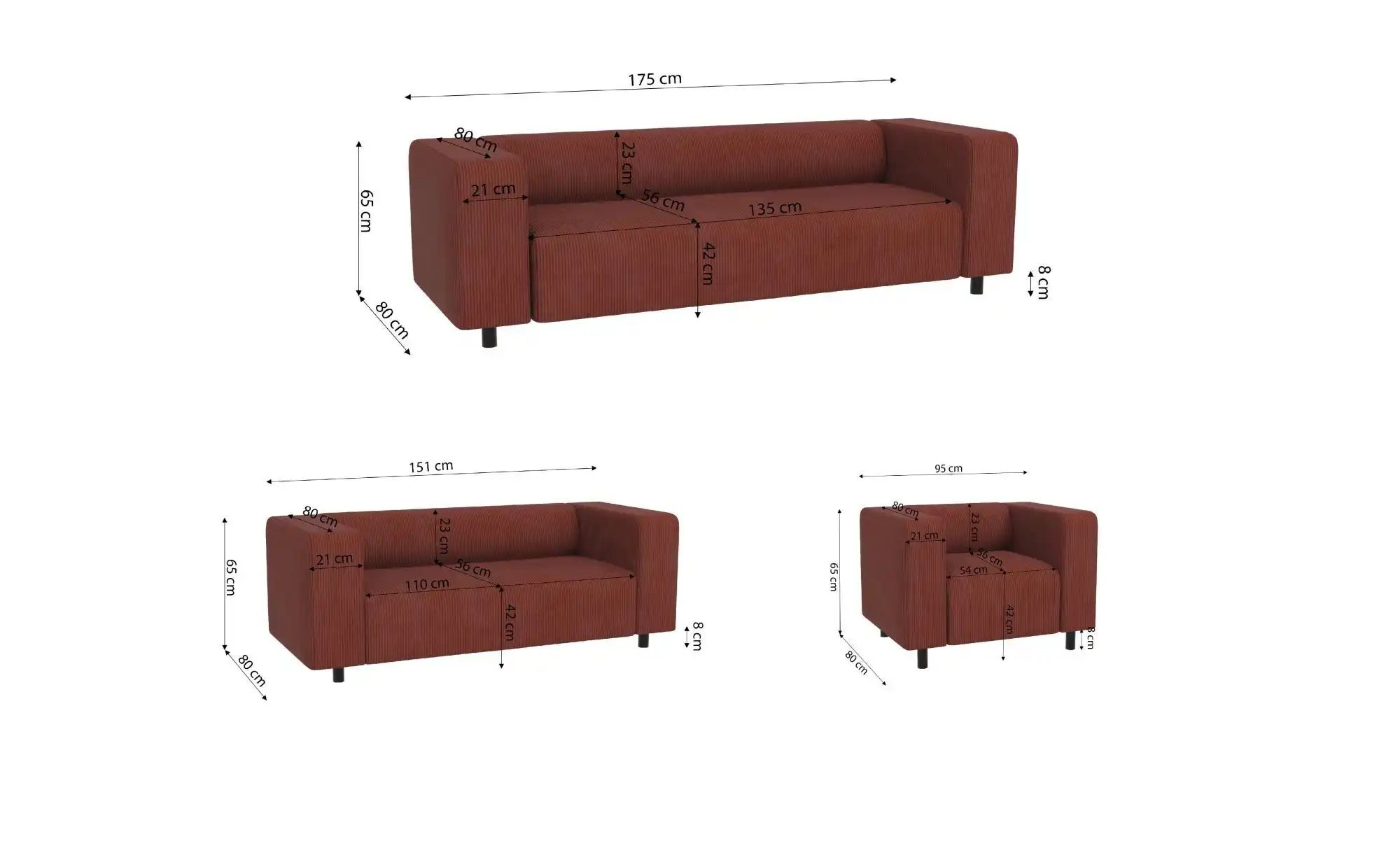 Thumbnail - S-STYLE Polstergarnitur 3+2+1  Oskar ¦ rot ¦ Maße (cm): B: 175 H: 65 Polstermöbel > Sofas > Sitzgruppen - Höffner