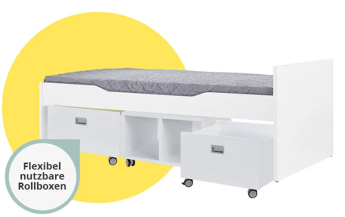 Weißes Fiona Kojenbett mit Rollbox und Rollregal. Hinweis "Flexibel nutzbare Rollboxen"