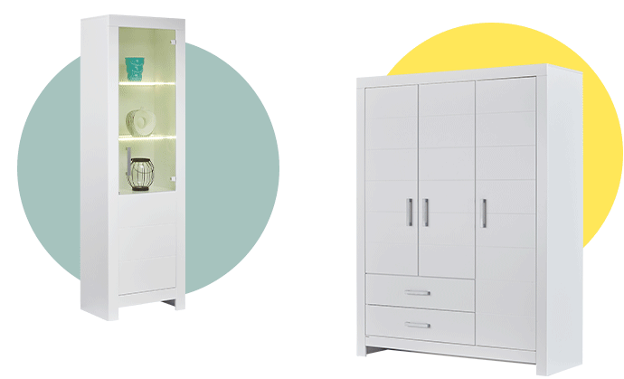 Weißes Standregal mit Beleuchtung. Animierter, weißer Kleiderschrank, bei dem sich die Türen öffnen und schließen 