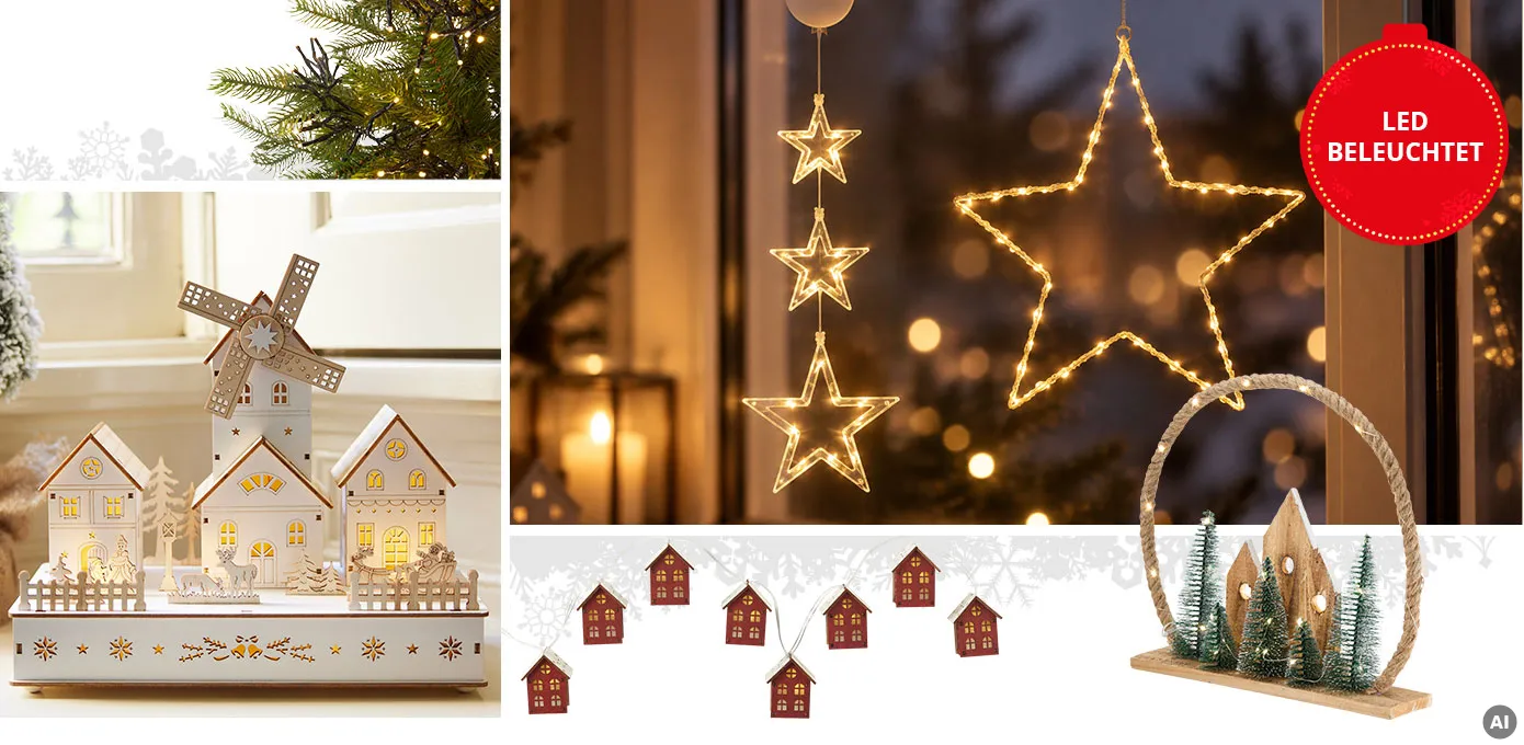 Collage aus 2 Bildern. Bild 1: Pyramide aus Holz mit elektrischen Kerzen. Bild 2: Weihnachtsbaum mit Lichterkette und Hinweistext "Inklusive 8-Stunden-Timer", daneben ein weißer beleuchteter Stern. Außerdem zu sehen: Holz-Schwibbogen mit 5 elektrischen Kerzen und Lichterkette mit kleinen Häuschen
