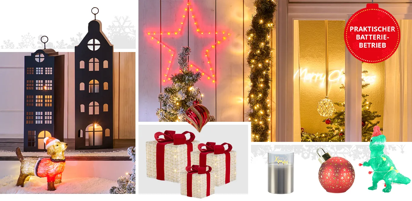 Collage aus mehreren Bildern mit großen schwarzen Laternen als Haus, beleuchtete Dackel und Zwerg, leuchtende Zuckerstangen, LED-Stern und beleuchteter Merry Christmas Schrifzug für die Wand