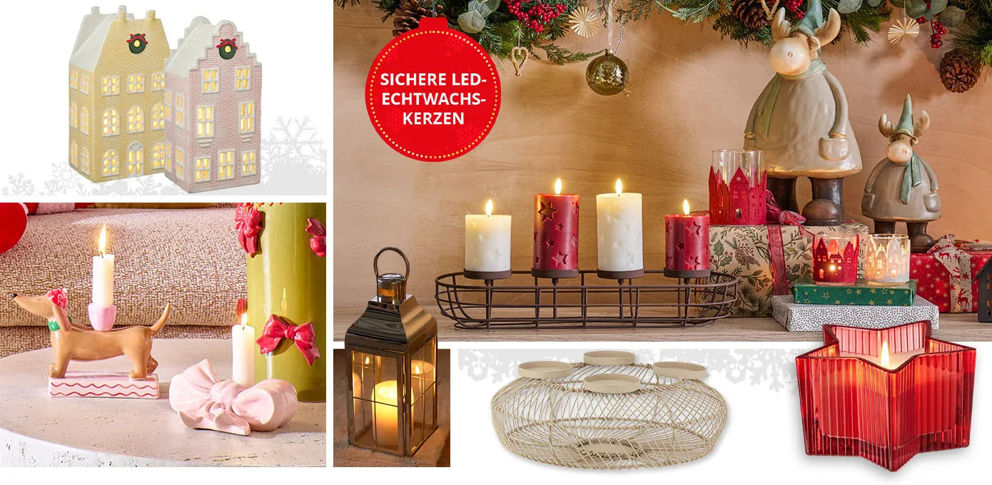 Collage aus 2 Bildern. Bild 1: Kerzenständer aus rosa Glas mit Kerzen in gold-weiß-rosa und 2 Windlichter in Weiß-Gold mit Tannenbaum-Muster. Bild 2: Kerzenhalter mit 4 brennenden Kerzen, Windlichter, Deko-Häuschen mit Kerze sowie weihnachtliche Deko, Hinweistext: "Sichere LED-Echtwachs-Kerzen". Außerdem zu sehen: Kerzenhalter für 4 Kerzen nebeneinander, Kerze in rotem Glas in Sternform