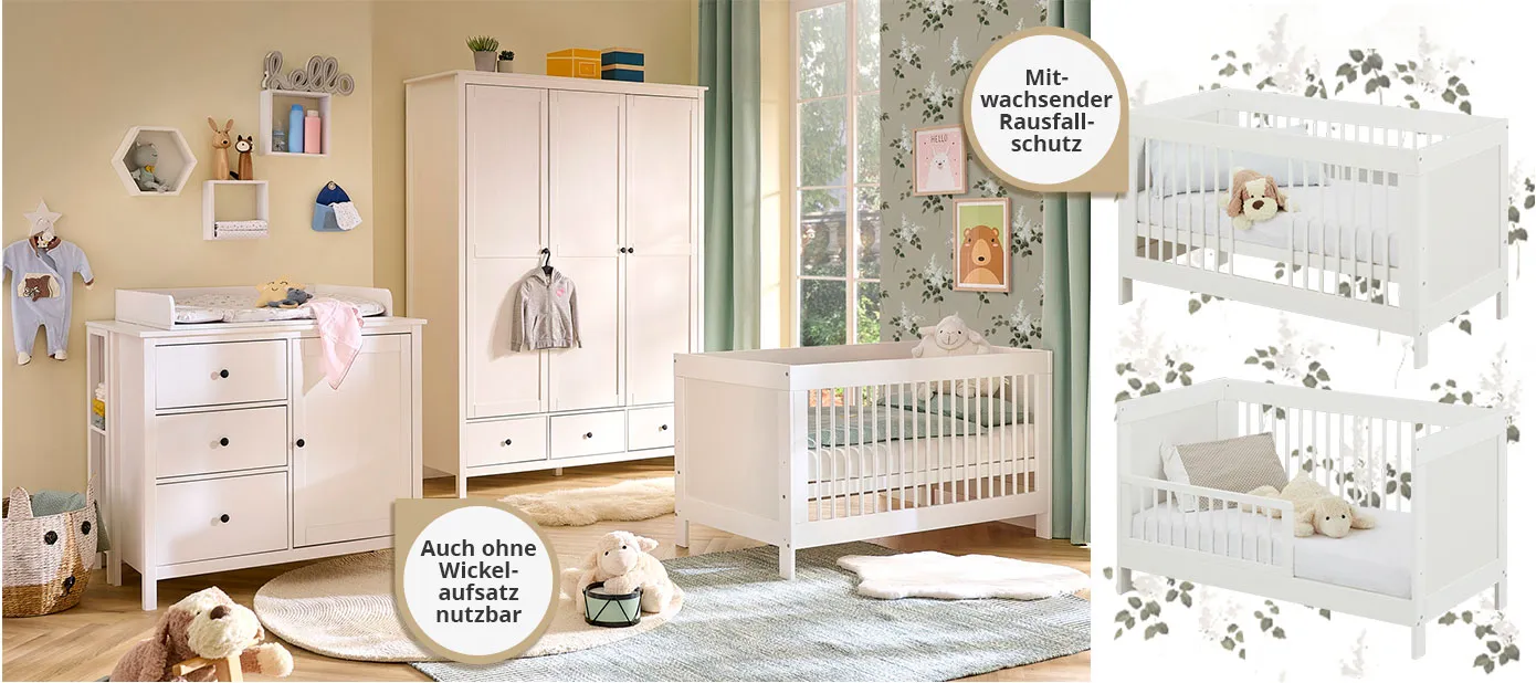 Babyzimmer mit Möbeln der Serie. Wickelkommode mit Hinweistext: Auch ohne Wickelaufsatz nutzbar. Kleiderschrank 3-türig. Gitterbett in verschiedenen Ansichten: mit zwei Gitterseiten, eine Seite mit entfernten Schlupfsprossen mittig, eine Seite mit niedrigen halben Gitter als Juniorbett. Hinweis am Bett: Mitwachsender Rausfallschutz