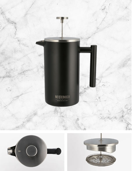 Collage aus großem Bild mit Meisterkoch-gelabeltem Milchschäumer in Schwarz vor weißem Marmor - kleine Bilder mit Details des Milchschäumers, wie Deckel und Innenelementen
