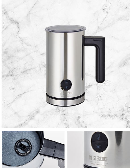 Collage aus großem Bild mit Meisterkoch-gelabeltem Milchschäumer vor weißem Marmor - kleine Bilder mit Details des Milchschäumers, wie Innenansicht und An/Aus-Schalter