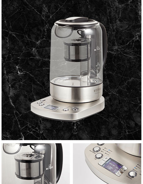 Collage aus großem Bild mit Meisterkoch-gelabeltem Teekocher aus Glas vor schwarzem Marmor - kleine Bilder mit Details des Mixers, wie Teesieb und Schaltfläche