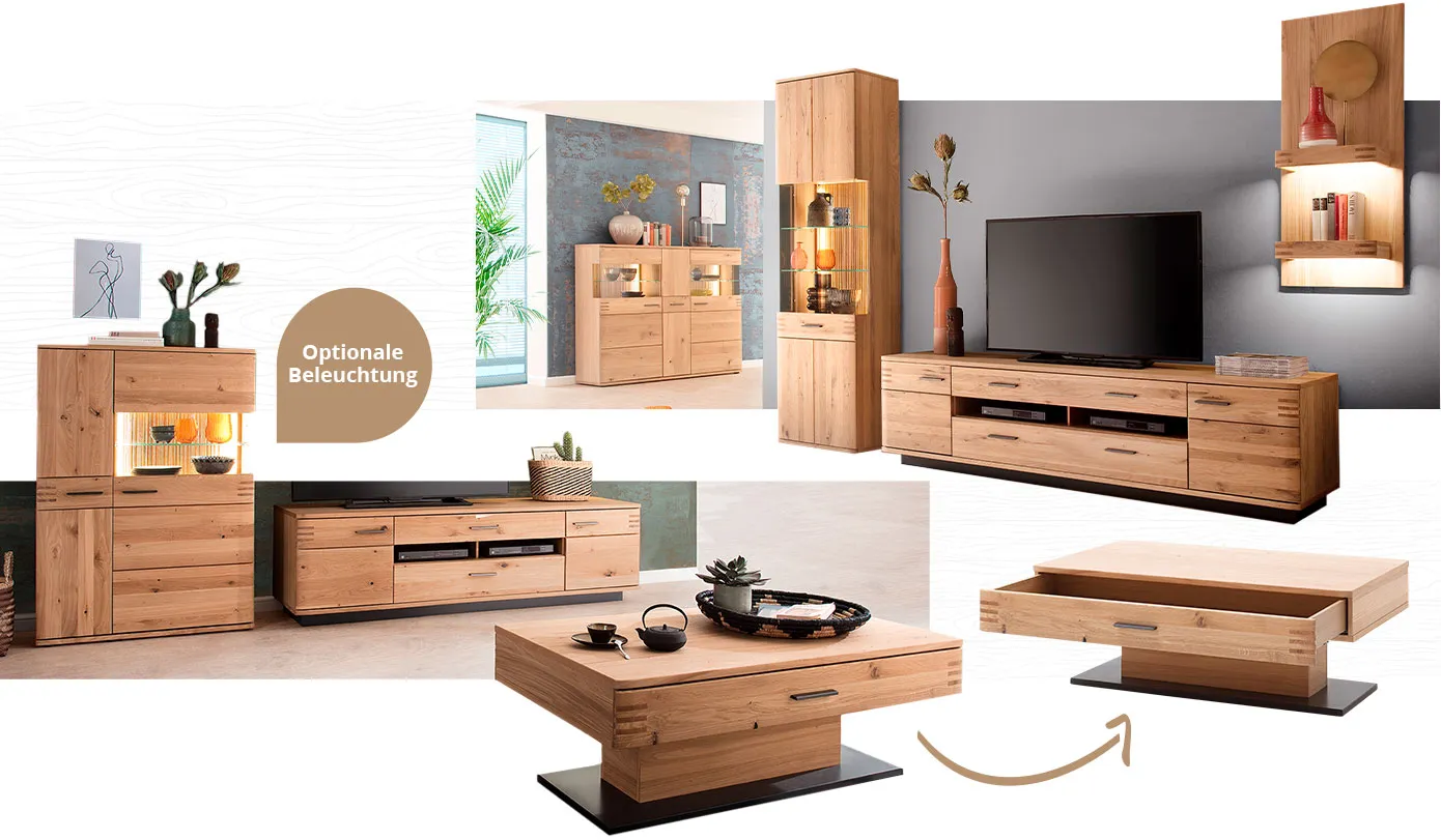 Collage. Bild 1: Wohnkombination aus Holz mit Beleuchtung, bestehend Highboard und Lowboard, mit Hinweis auf optionale Beleuchtung. Bild 2 Wohnzimmer mit Wohnkombination aus Holz mit Beleuchtung, bestehend aus Sideboard, Vitrine, Wandboard, und Lowboard, Deko und TV vor grauer Wand. Bild 3: Couchtisch mit Deko und Pfeil auf Couchtisch ohne Deko mit offener Schublade