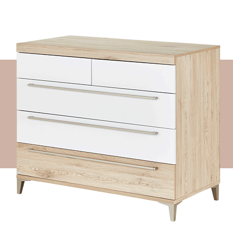 Animiertes Bild einer Wickelkommode in Weiß und Eichenoptik mit Wickelaufsatz, mit und ohne Textilien und ohne Wickelaufsatz