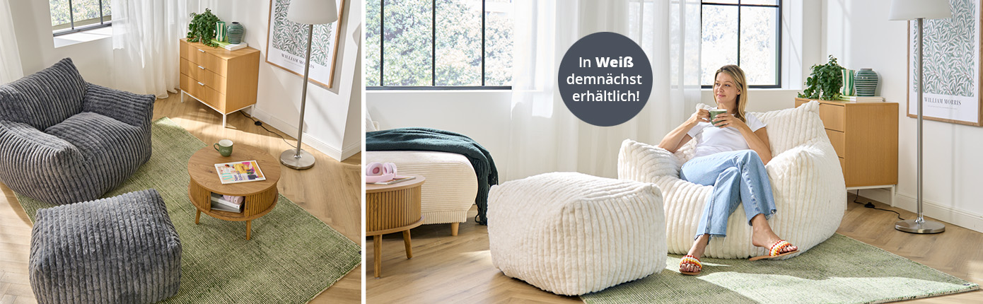 Sitzsack Sessel in Grau und Weiß mit Holz-Möbeln im Skandi Stil