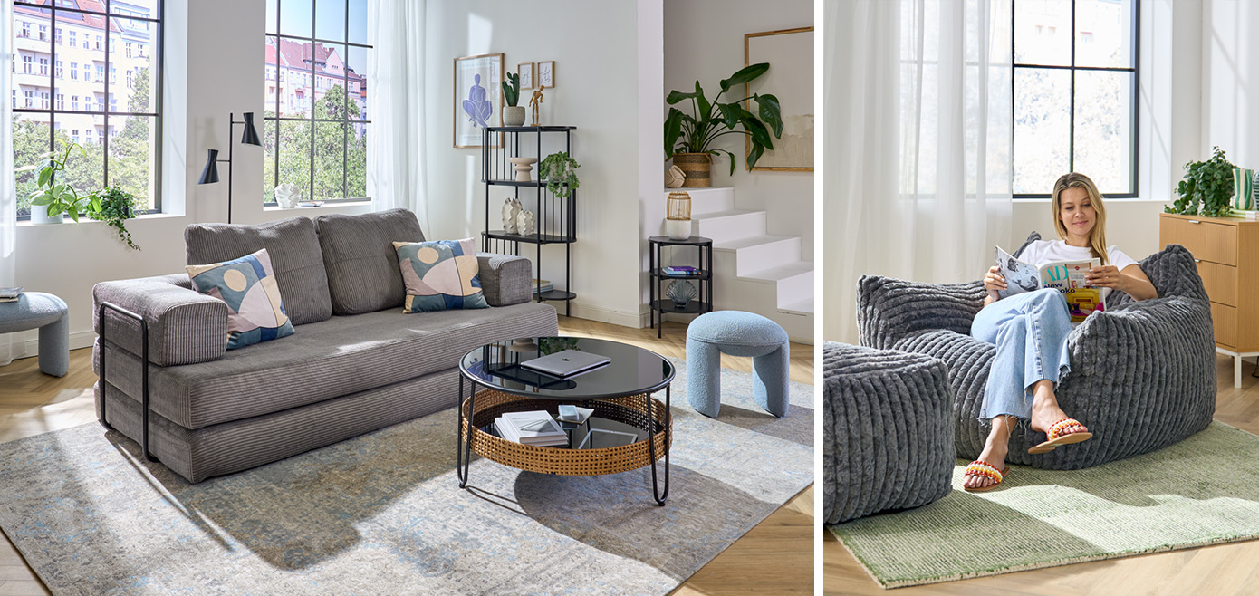 graues Cord-Sofa Boneless und Sitzsacksessel im Wohnzimmer im modernen und skandinavischem Stil