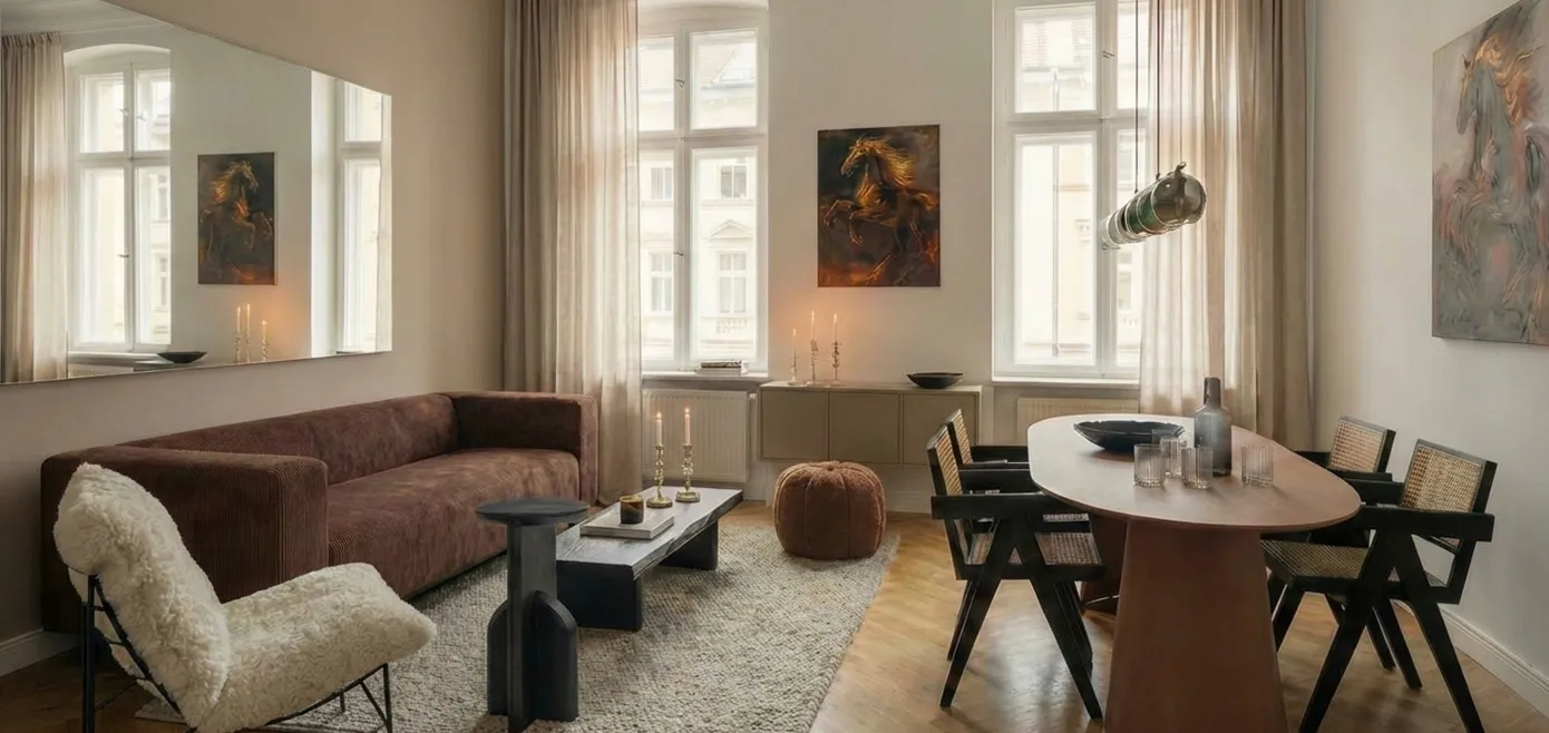 Wohnzimmer mit hohen Wänden in Beige, Bilder von künstlerischen Pferden, Esstisch und Sofa in Terracottafarben, schwarze Esszimmerstühle mit Rattngeflecht, Sessel in plüschigem Creme, Couchtisch und Beistelltisch in Schwarz und Schieferoptik, Stabkerzen und Lowboard in Kaschmirfarben