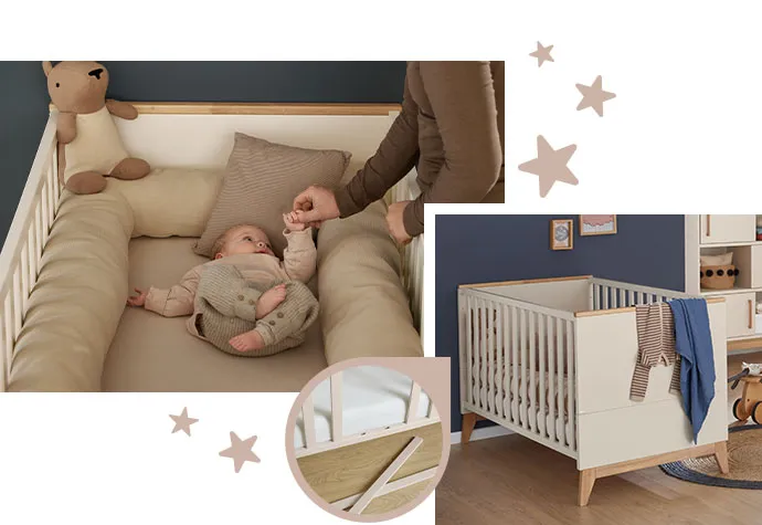 Collage aus 2 Bildern, alle Möbel in Cashmere-Beige und Eichenholz. Bild 1: Baby im Babybett mit braunen Textilien, Mutter, die Baby berührt, Teddy. Bild 2: Kinderbett mit Detailbild von 2 entfernten Schlupfsprossen, Regal mit Schiebetüren, Deko. 