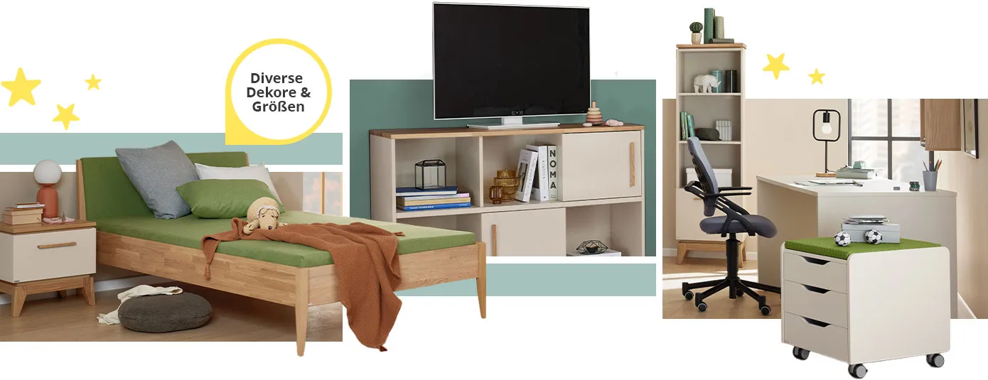 Collage aus 3 Bildern, alle Möbel in Cashmere-Beige und Eichenholz. Bild 1: Jugendbett mit grünen Akzenten und Nachtkommode, Deko. Bild 2: Kommode mit Schiebetüren, TV, Büchern und Deko. Bild 3: Schreibtisch und Rollcontainer mit grünem Kissen, Regal, grauer Drehstuhl, Deko.
