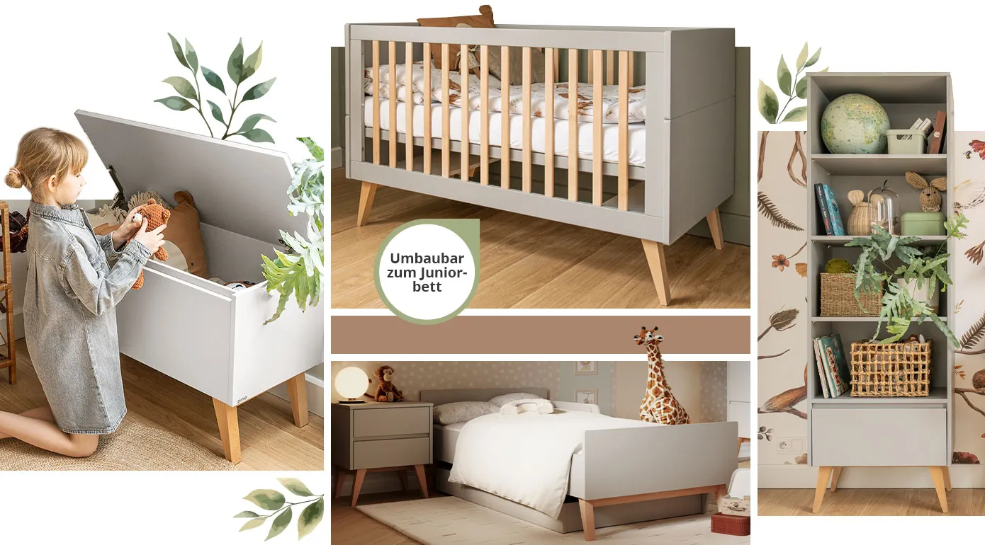 Collage aus 4 Bildern. Bild 1: Spielzeugtruhe der Serie in Weiß mit geöffneter Klappe. Bild 2: Babybettchen der Serie in Grau und Hinweis "Umbaubar zum Juniorbett". Bild 3: Kinderzimmer mit Möbeln der Serie in Grau, Einzelbett mit Bettkasten und Nachtkommode. Bild 4: Standregal der Serie in Grau mit 4 offenen Fächern & einer Schublade.