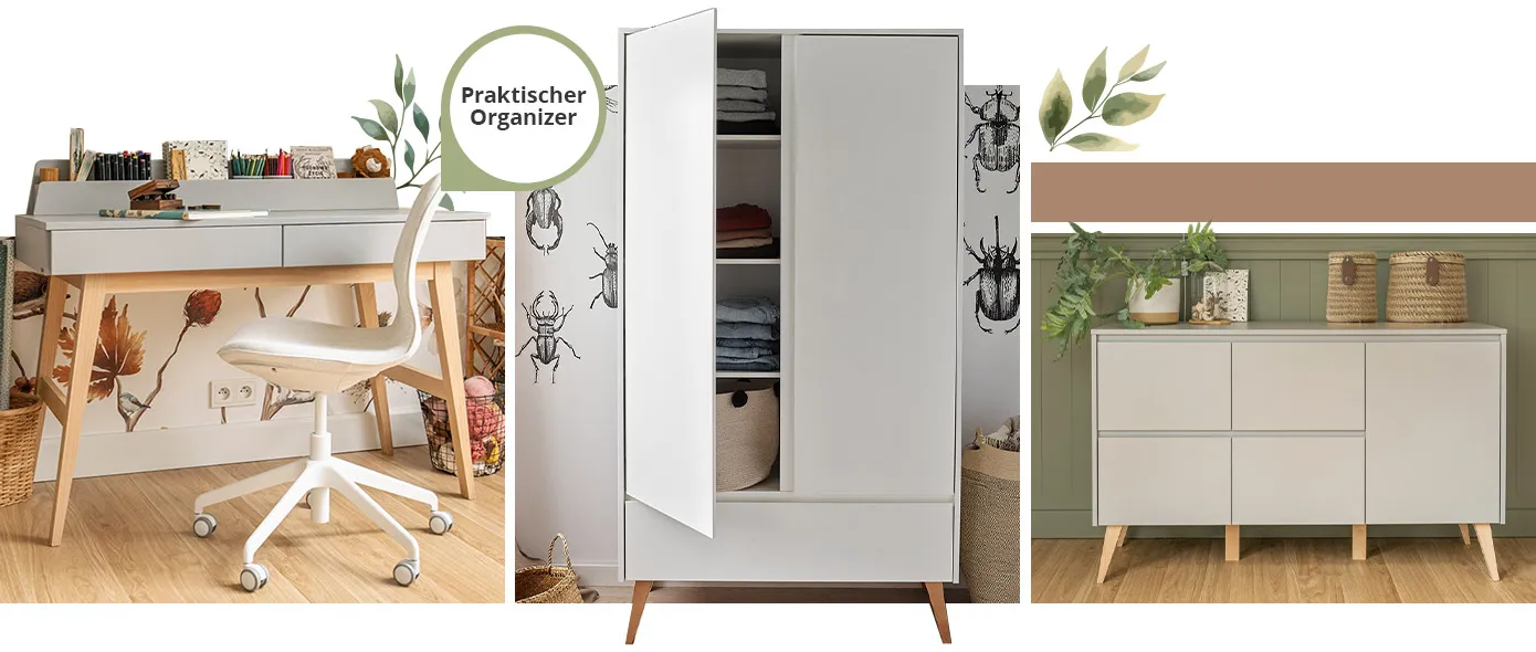 Collage mit 3 Bildern. Bild 1: Schreibtisch der Serie in Grau mit 2 Schubladen und Aufsatz, Hinweis am Aufsatz: Praktischer Organizer. Bild 2: Kleiderschrank der Serie in Weiß mit 2 Türen. Bild 3: Kommode der Serie in Grau mit 4 Schubladen und einer Tür