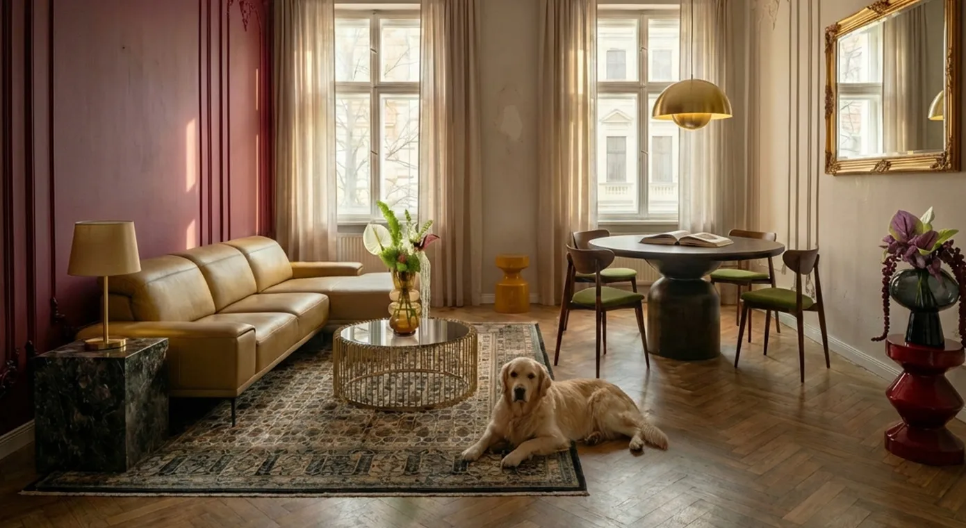 Wohnzimmer im Altbaustil, mit Stuck und Lamellen an Wand, eine Wand burgunderfarben, davor senffarbenes Ledersofa, goldener, runder Couchtisch mit schwarzer Glasplatte, Vintage-Teppich, Beistelltisch in Marmoroptik mit goldener Tischlampe, roter Beistelltisch mit schwarzer Vase, schwarzer, runder Esstisch mit Holzstühen und grüner Sitzfläche