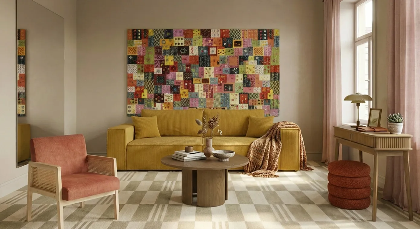 Wohnzimmer mit buntem Teppich an Wand, davor senffarbenes Cord-Sofa, Sessel und Pouf in Terracotta, Konsolentisch und runder Couchtisch aus Eiche, karierter Teppich in Beigefarben