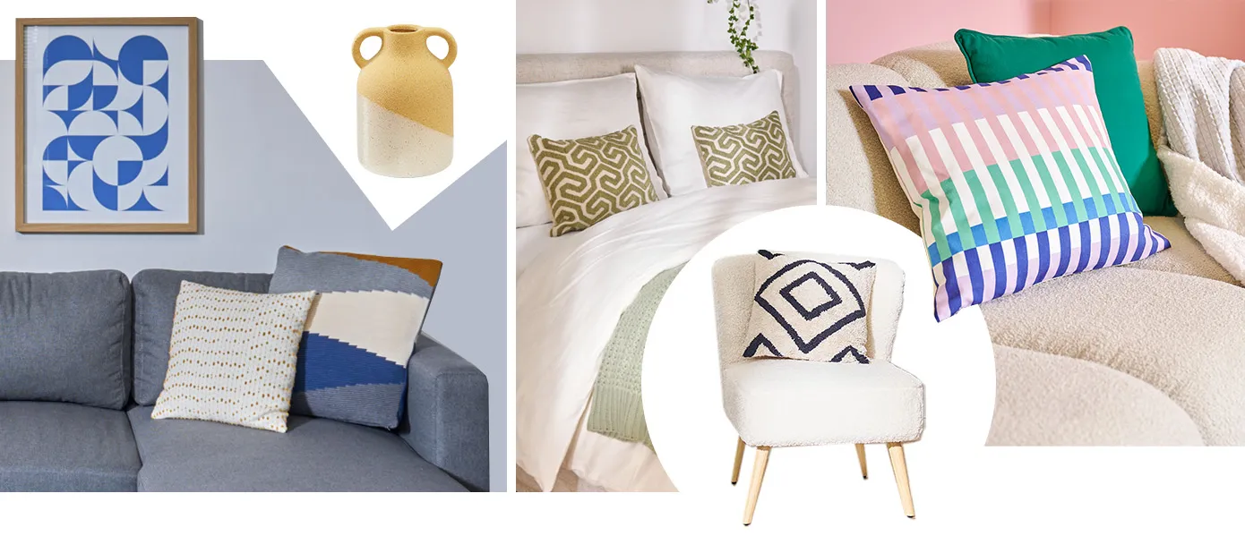 Gestreifte Vase in Senfgelb in Kombination mit grauem Sofa, zickzack-Kissen in Blau-Creme-Senfgelb und Musterbild an Wand, Sessel aus Boucléstoff und beiges Kissen mit schwarzem Rautenmuster, gestreiftes Kissen auf beigem Sofa, Musterkissen in Olivegrün auf weißer Bettwäsche