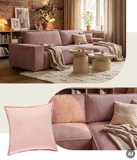 rosa Eck-Cordsofa mit beigem Teppich, kaschmirfarbenen Couchtischen in zwei Größen, beige und rosane Dekokissen