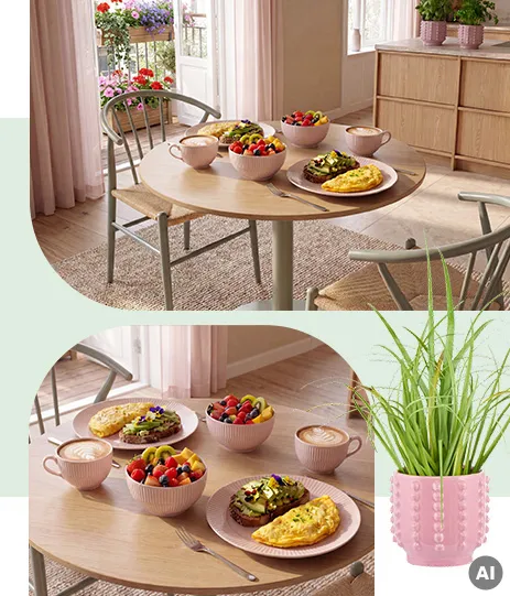 Kleiner runder Esstisch aus hellem Holz mit olivefarbenem Fuß, passend dazu Essstühle ebenfalls aus hellem Holz und olivefarbenem Gestell, rosa Essteller, Schalen und Kaffeetassen, rosaner Blumentopf
