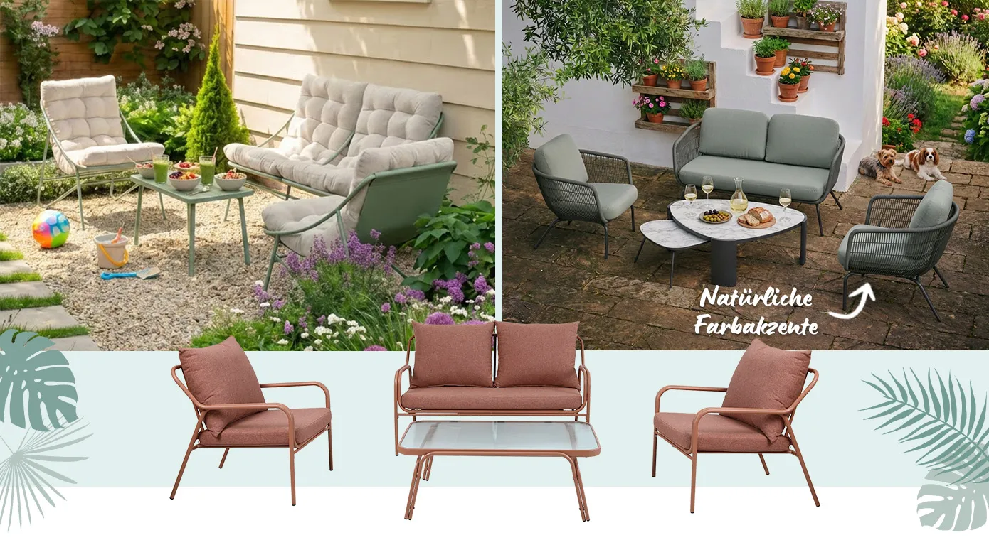 Bildcollage: Gartenset mit Ein- und Zweisitzer in schwarzer Rope-Bespannung und grüner Polsterung, ovaler Marmortisch in weiß-schwarz, zweites Gartenset mit mintgrünem Aluminiumgestell und beigen Auflagen, drittes Gartenset komplett in Terracottafarben und Tisch mit Glasplatte, natürliche Farbakzente