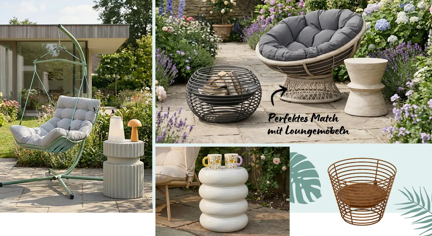Bildcollage: Perfektes Match mit Loungemöbeln, Hängesessel in mint mit grauer Auflage, daneben geriffelter Beistelltisch in Betonoptik mit orangener LED-Leuchte und Sektkühler, runder Loungesessel geflochten mit schwarzer Polsterauflage, Beistelltisch in Marmorbetonoptik, schwarze runde Feuerschale, Freisteller Feuerschale in Rost, weiterer Beistelltisch in glänzend weiß und rund